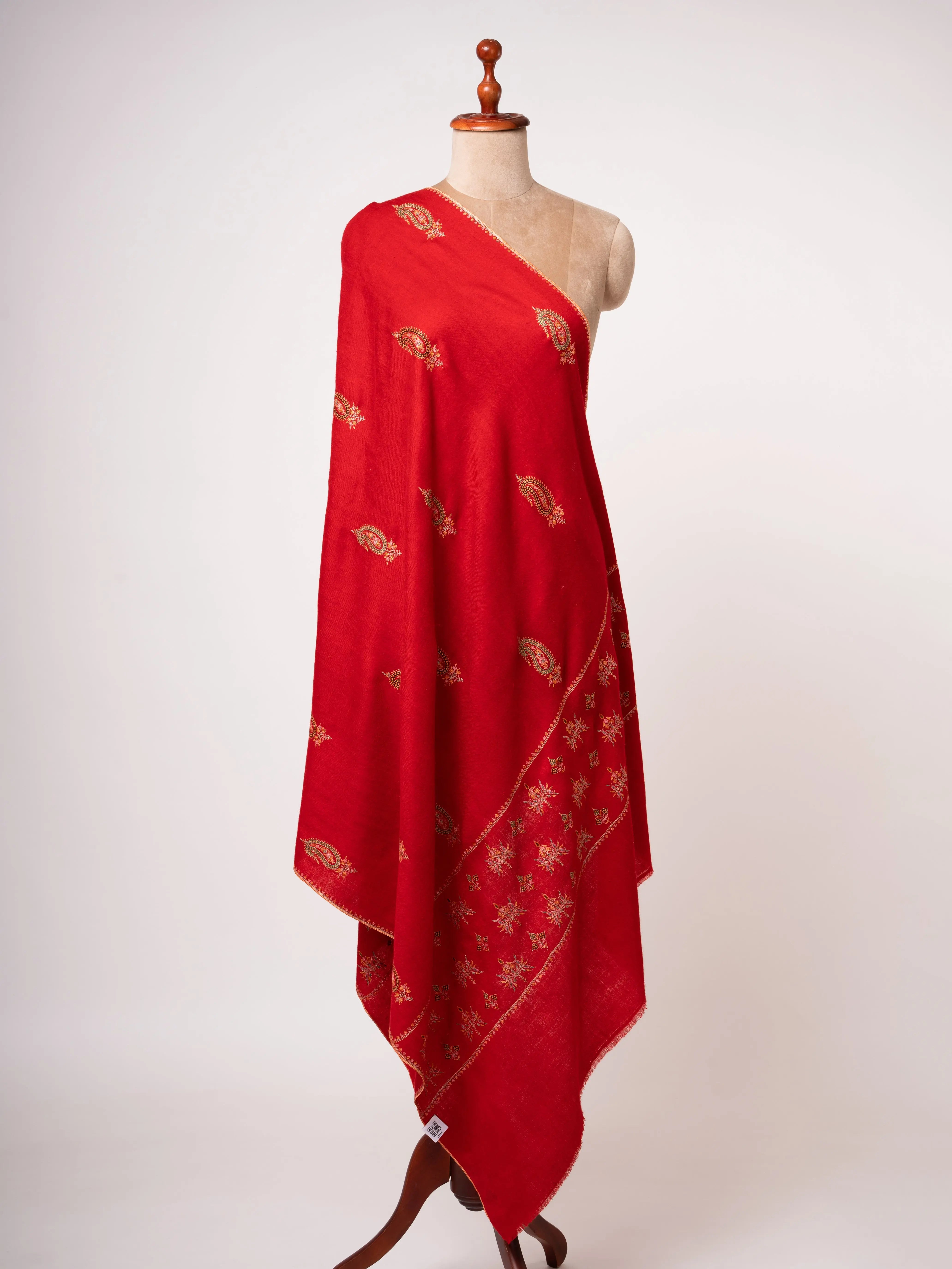 Red Handspun Pashmina Shawl with Mulberry Silk Embroidery Shahkaar