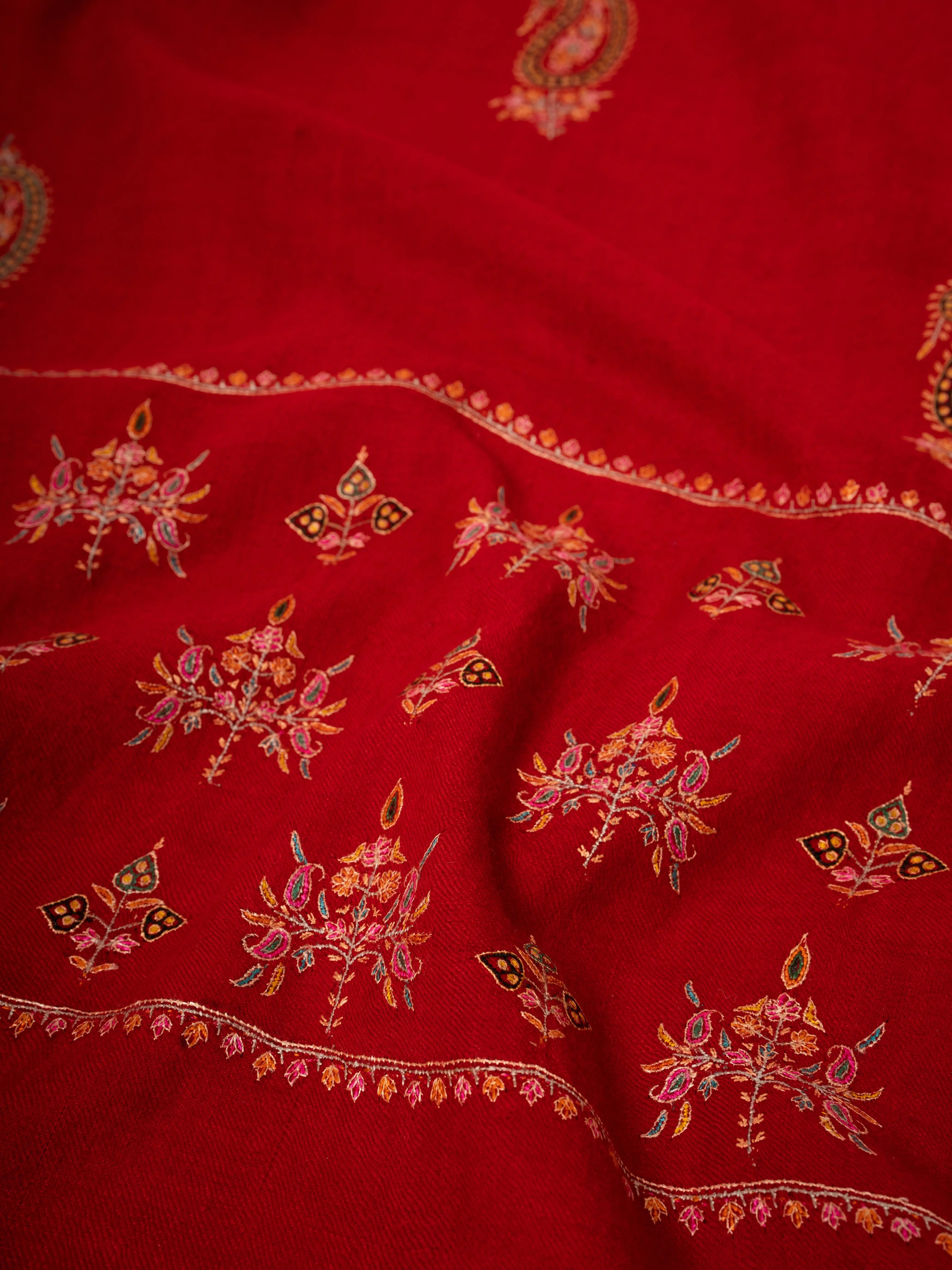 Red Handspun Pashmina Shawl with Mulberry Silk Embroidery Shahkaar