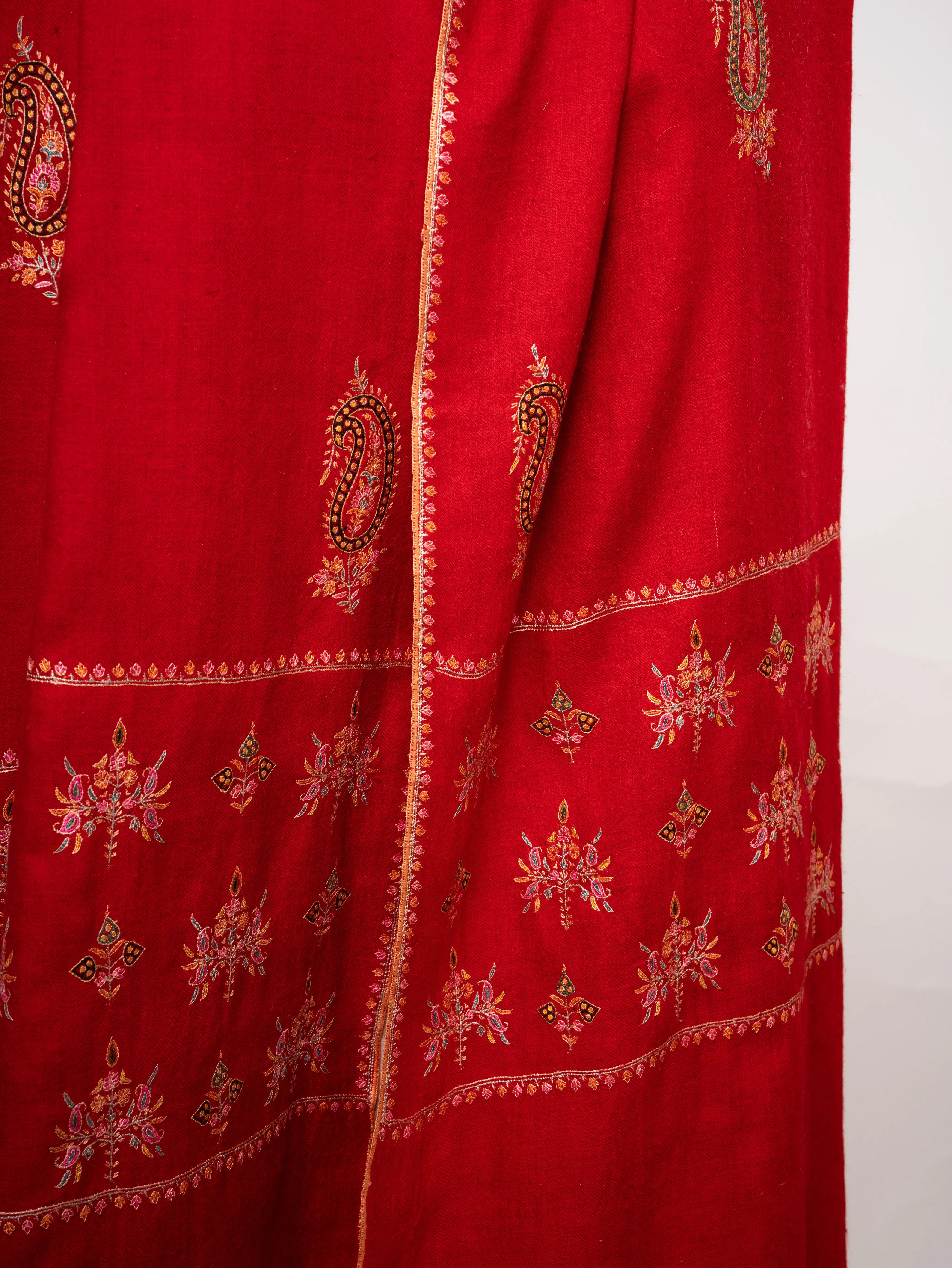 Red Handspun Pashmina Shawl with Mulberry Silk Embroidery Shahkaar