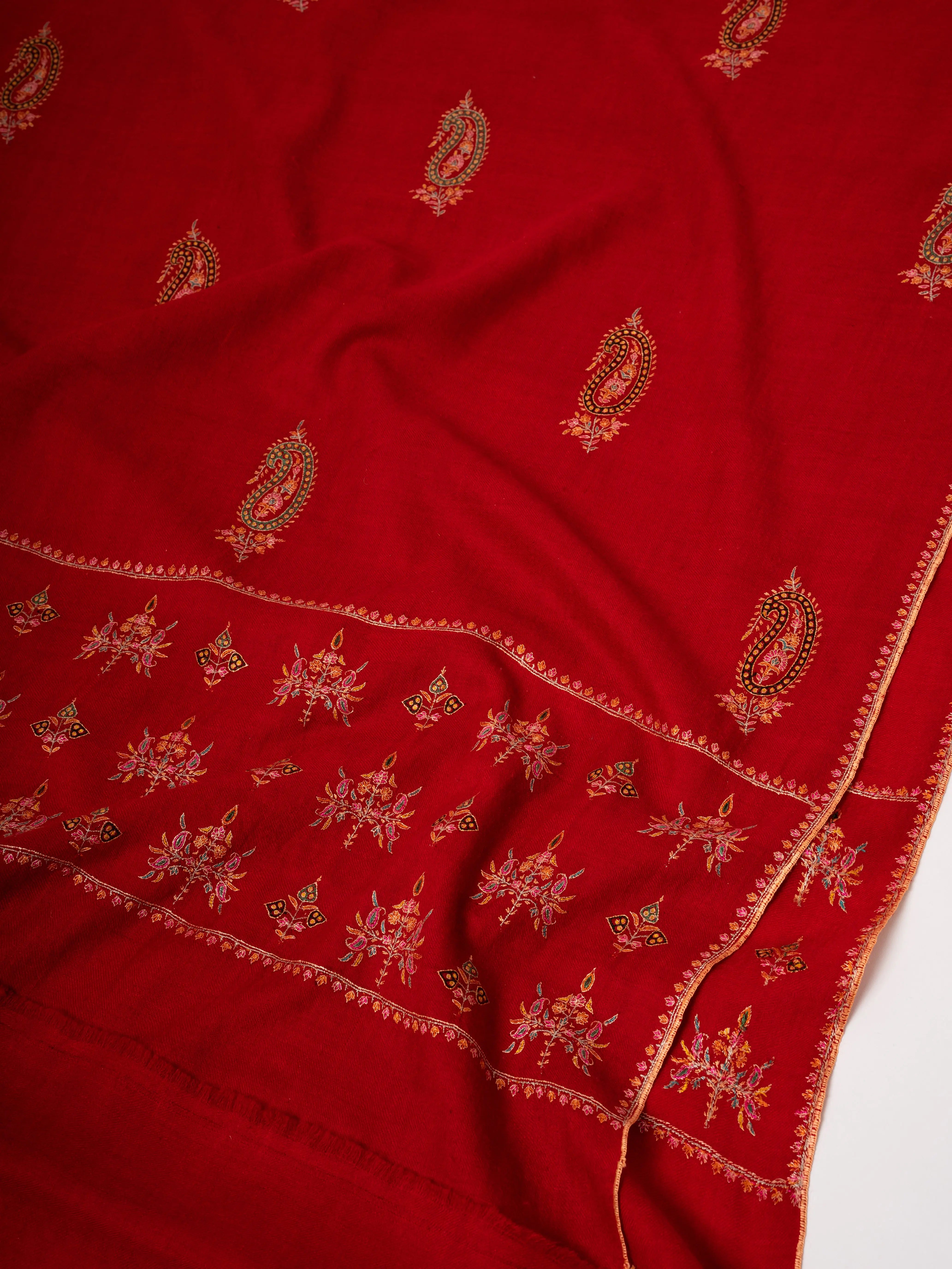 Red Handspun Pashmina Shawl with Mulberry Silk Embroidery Shahkaar