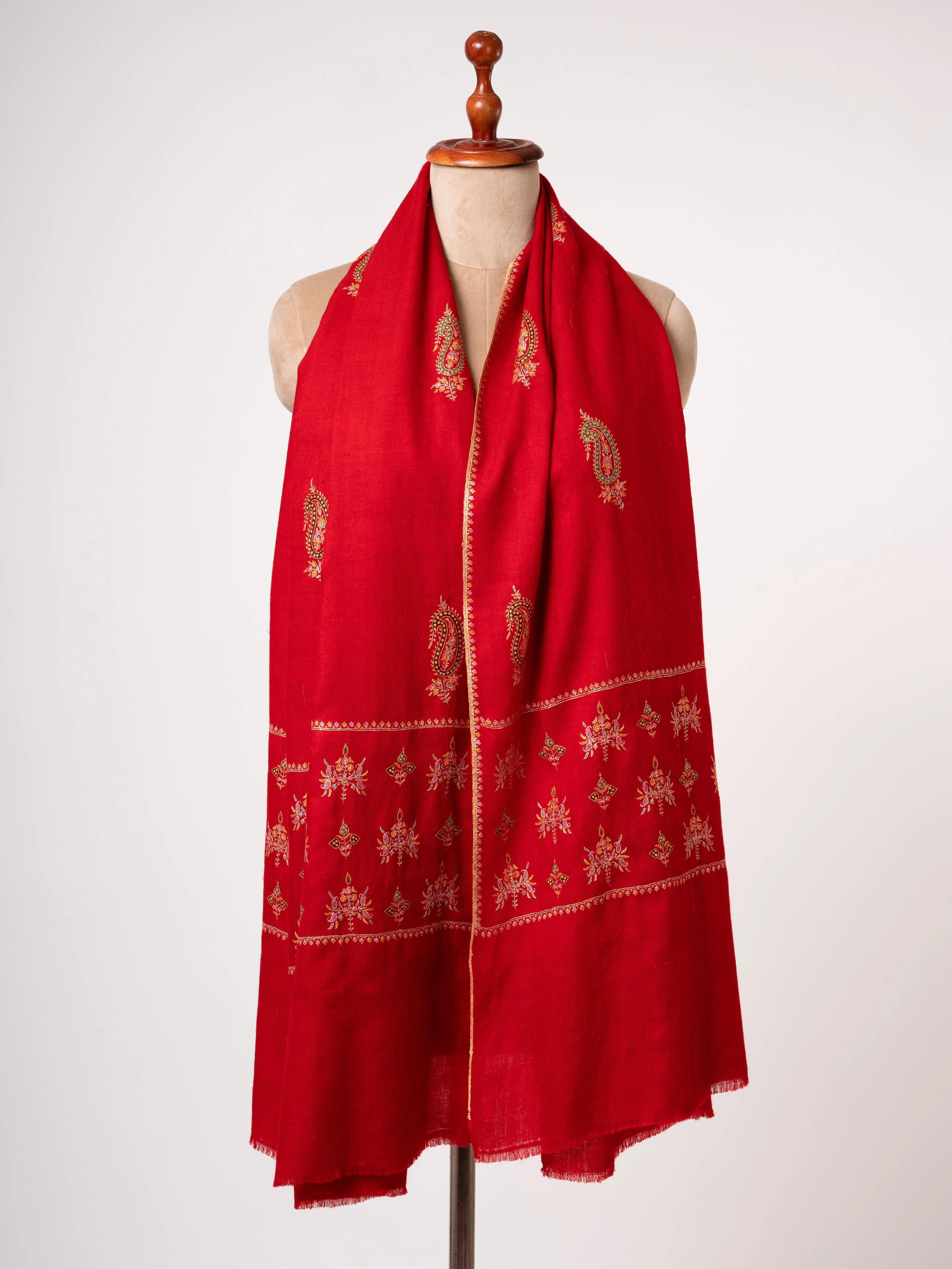 Red Handspun Pashmina Shawl with Mulberry Silk Embroidery Shahkaar