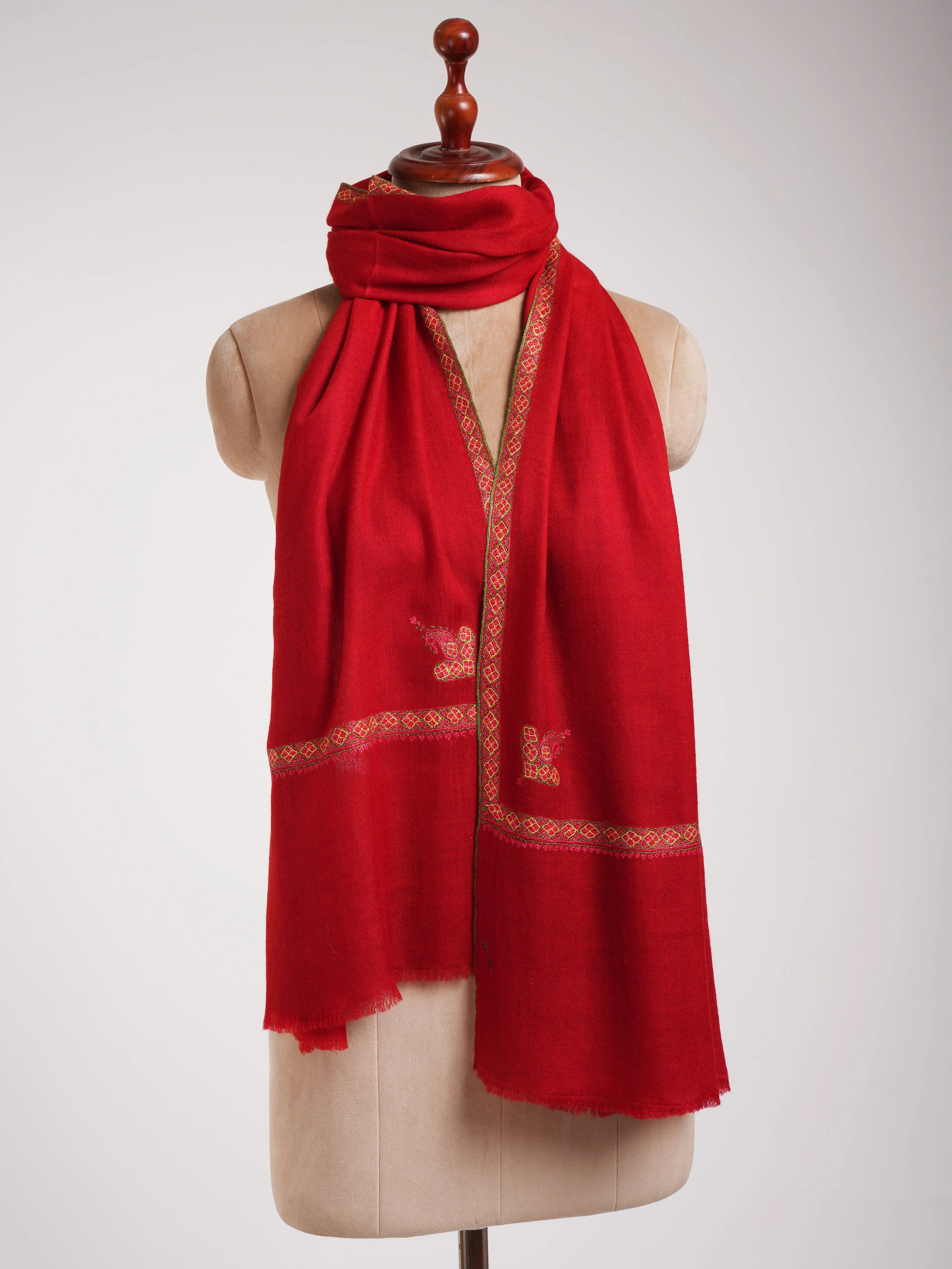 Red Hashia Embroidered Pretty Cashmere Scarf Shahkaar