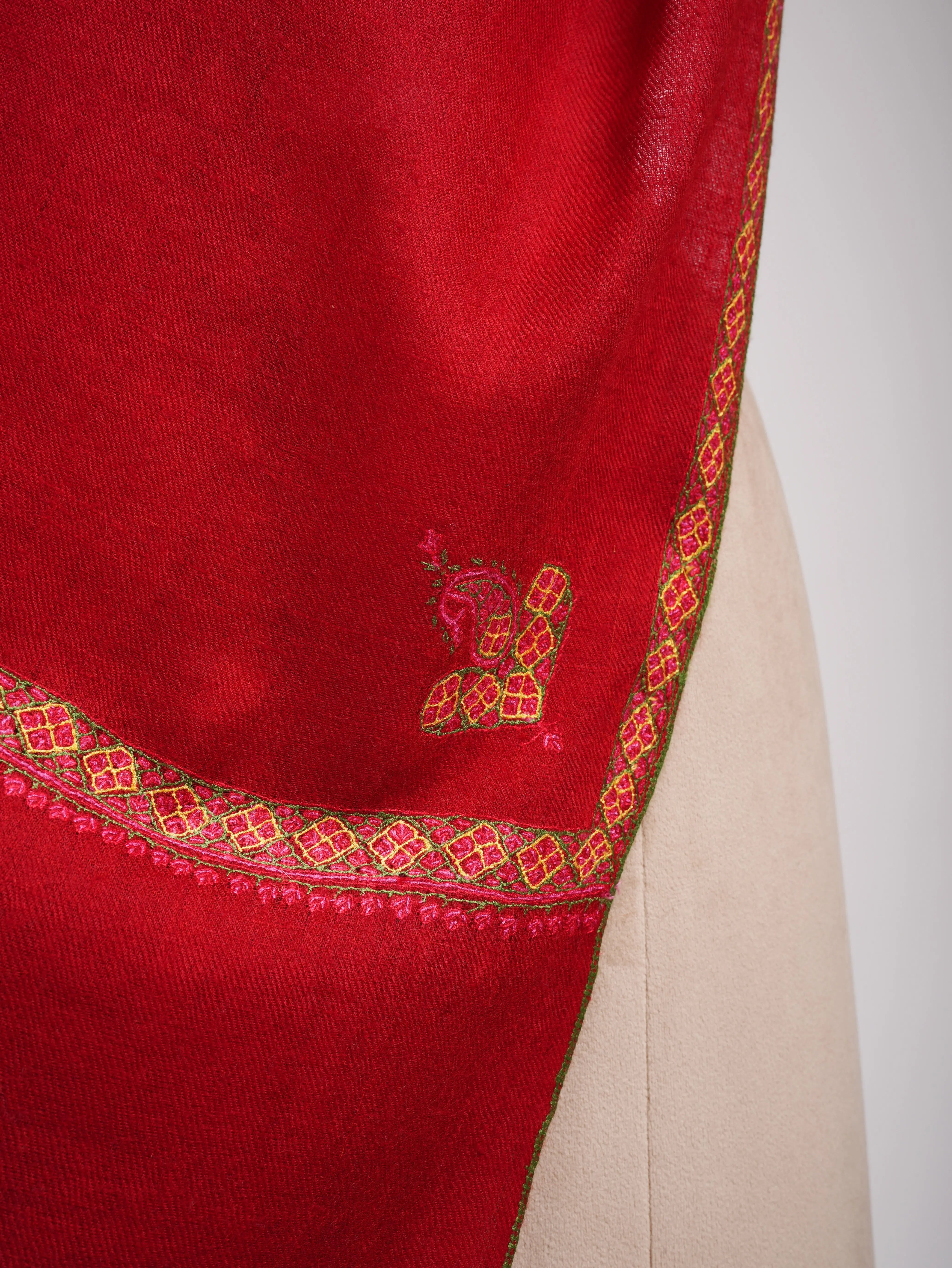 Red Hashia Embroidered Pretty Cashmere Scarf Shahkaar