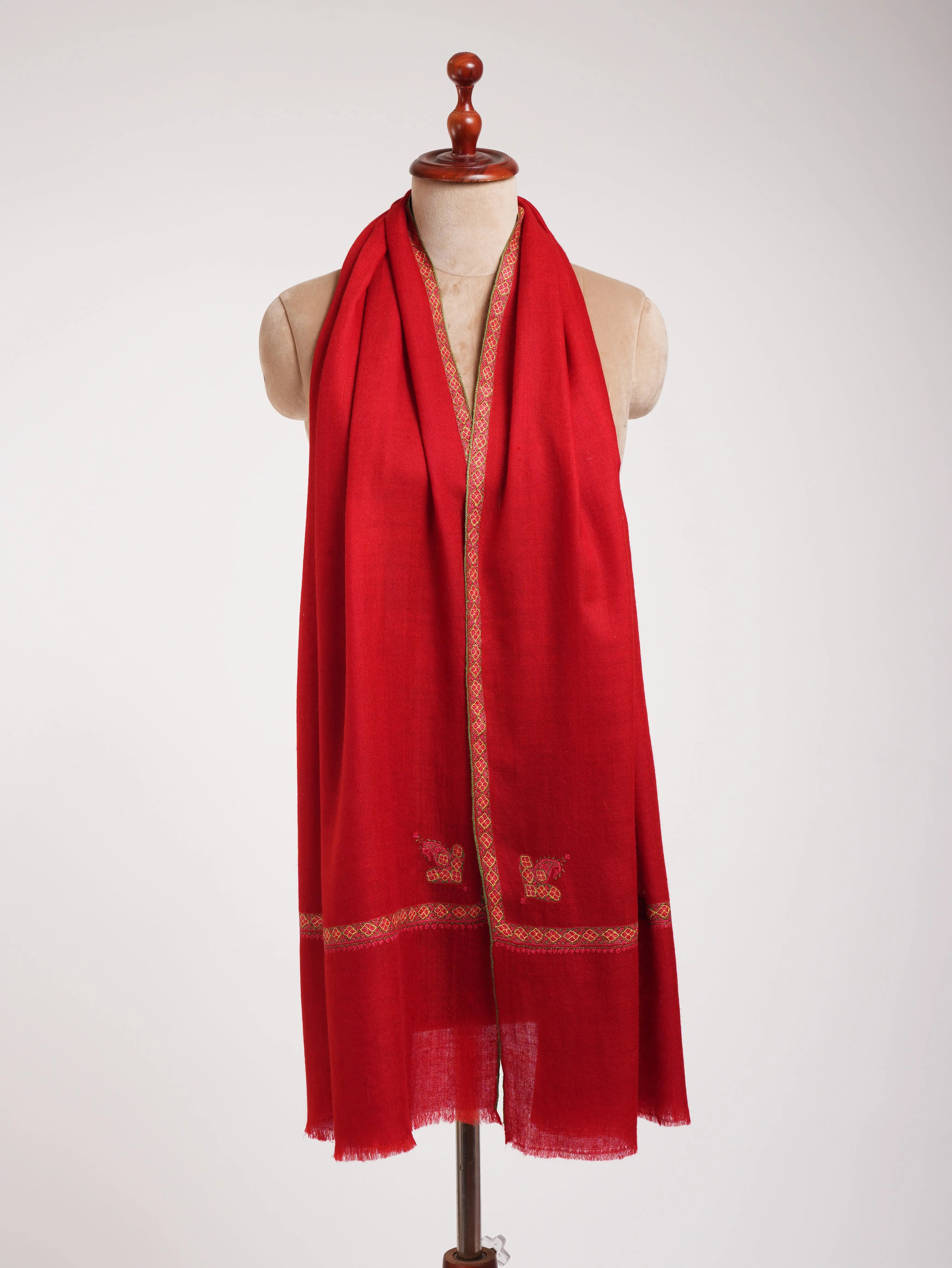 Red Hashia Embroidered Pretty Cashmere Scarf Shahkaar