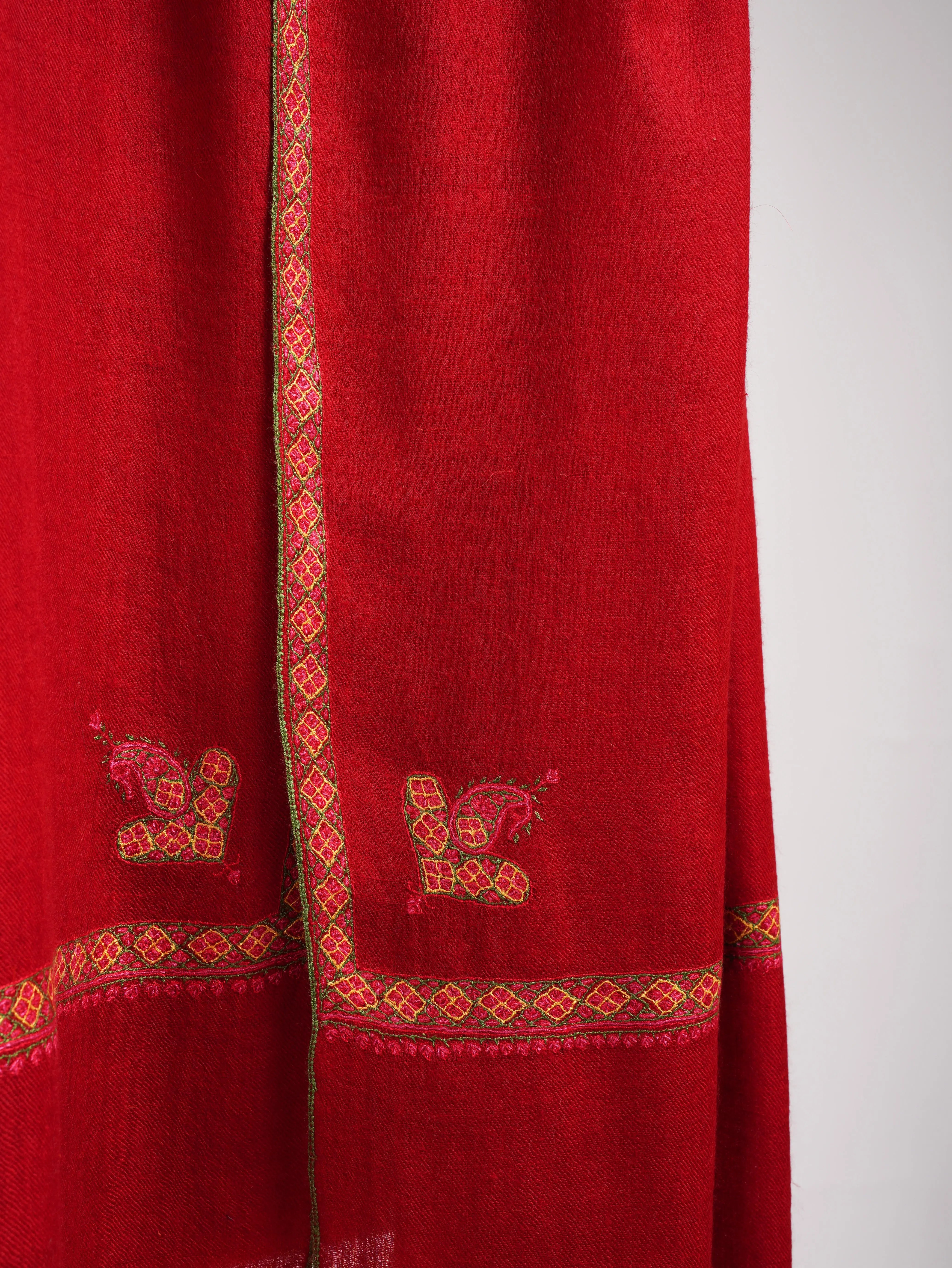 Red Hashia Embroidered Pretty Cashmere Scarf Shahkaar