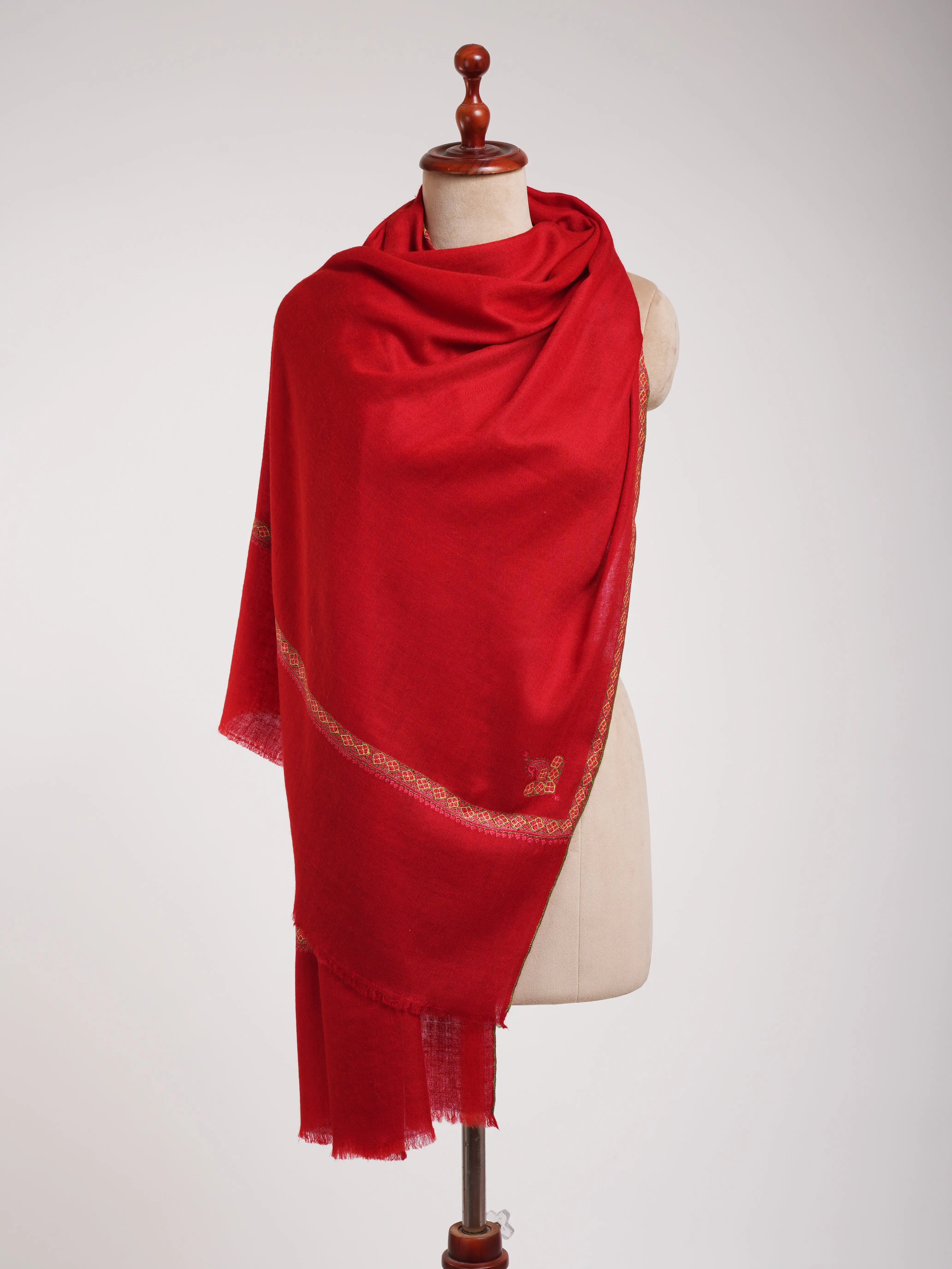 Red Hashia Embroidered Pretty Cashmere Scarf Shahkaar