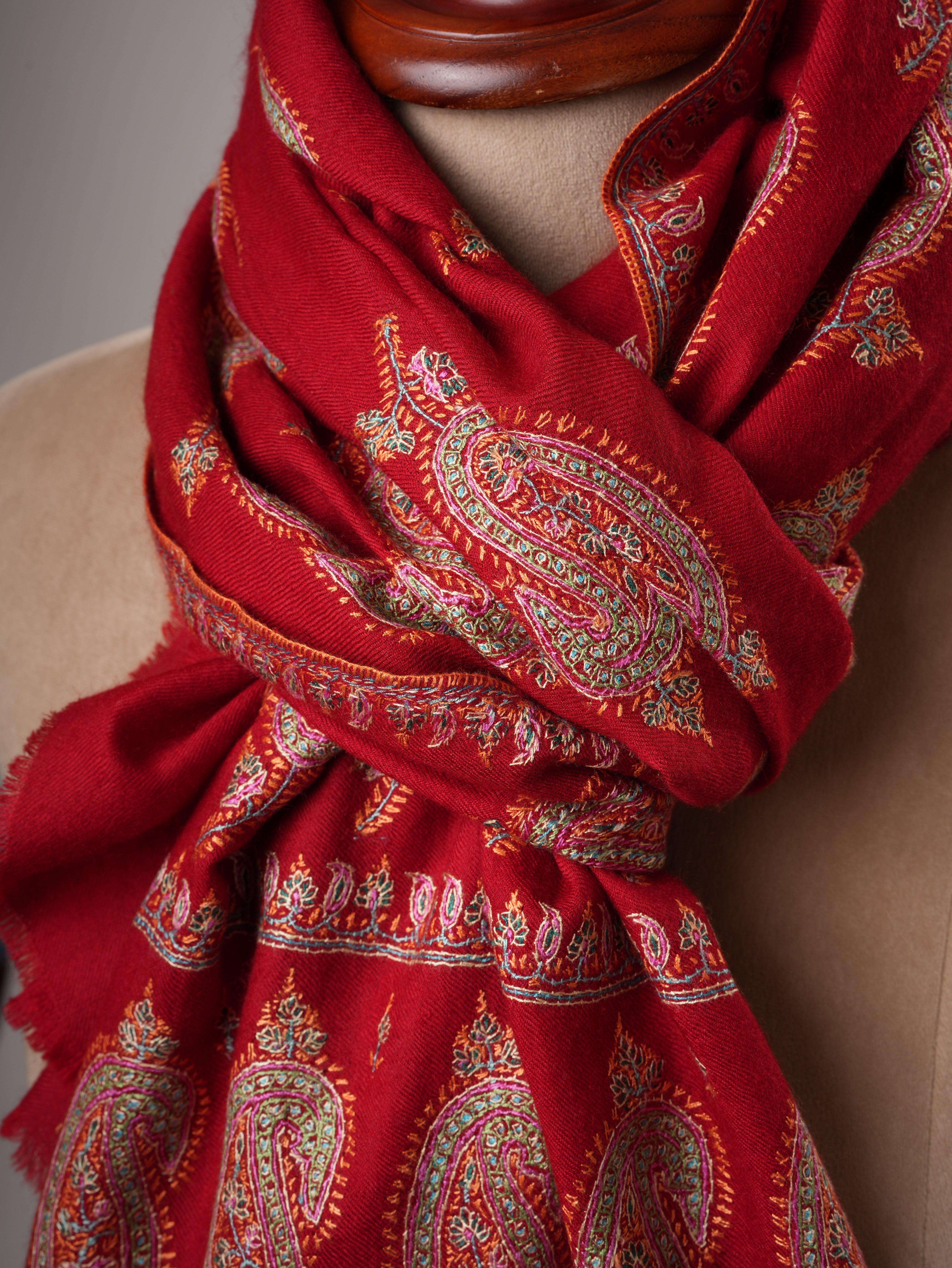Red Kashmiri Pashmina Shawl with Hand Embroidered Paisley Motifs Shahkaar