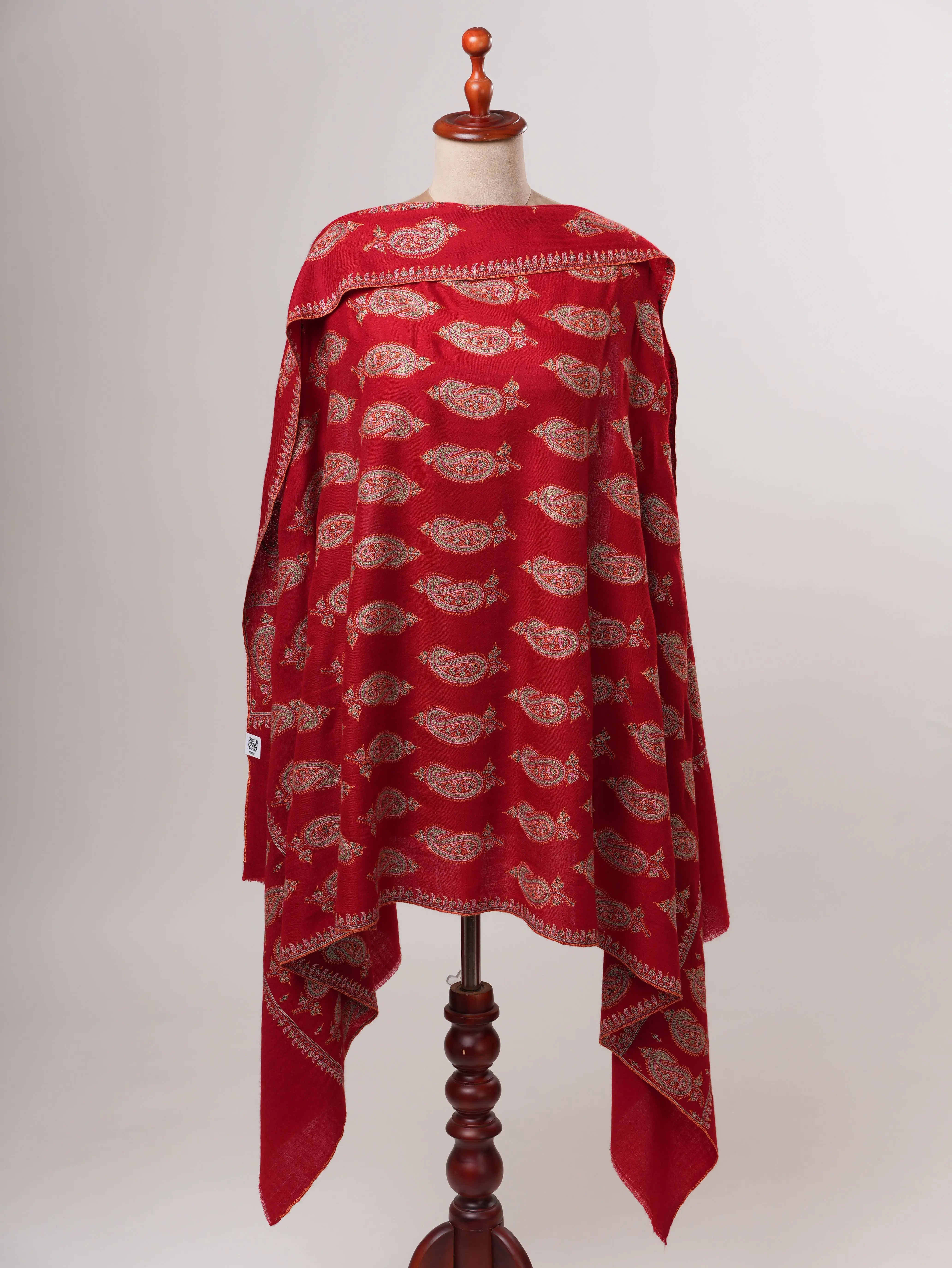 Red Kashmiri Pashmina Shawl with Hand Embroidered Paisley Motifs Shahkaar