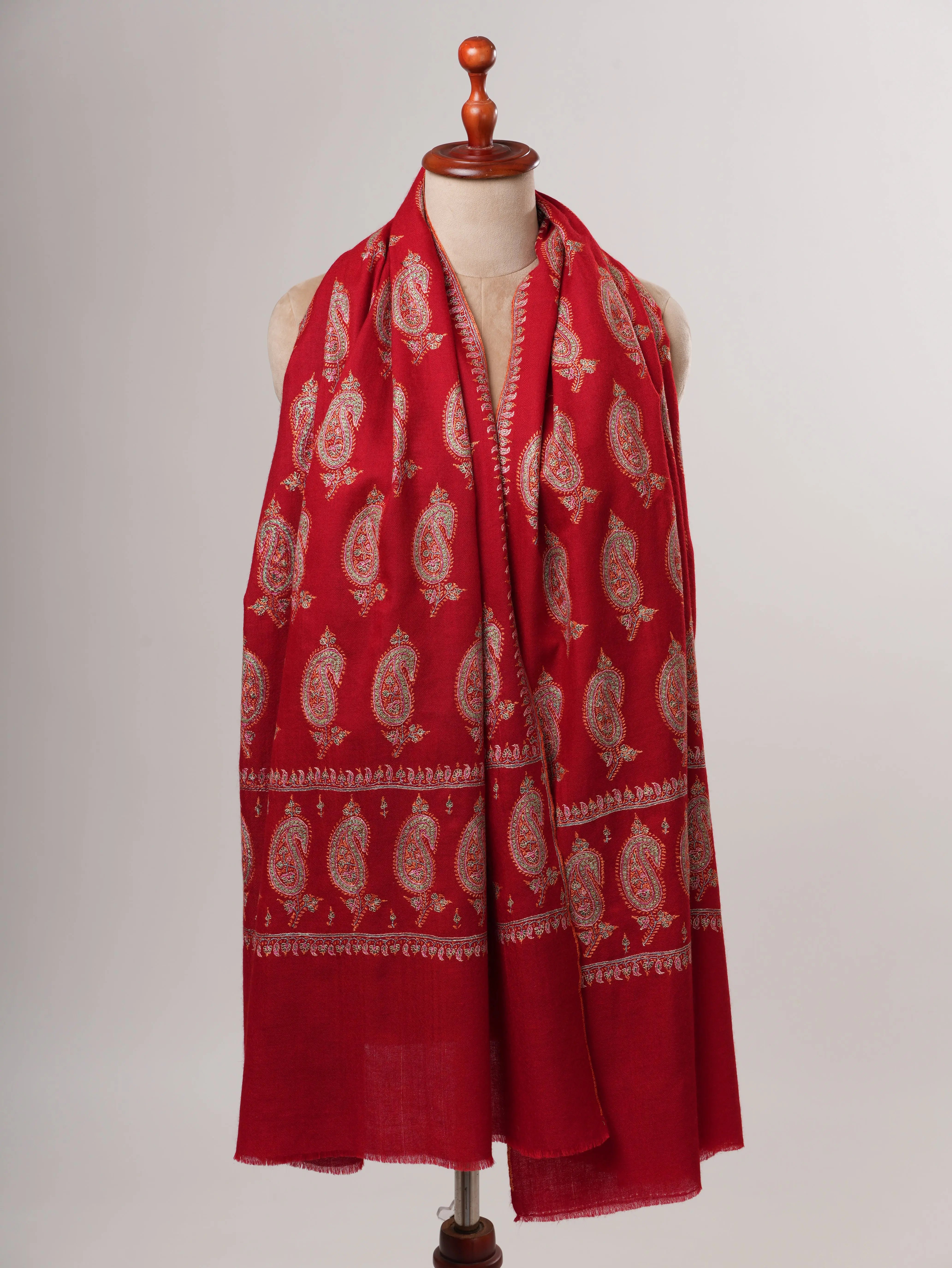 Red Kashmiri Pashmina Shawl with Hand Embroidered Paisley Motifs Shahkaar