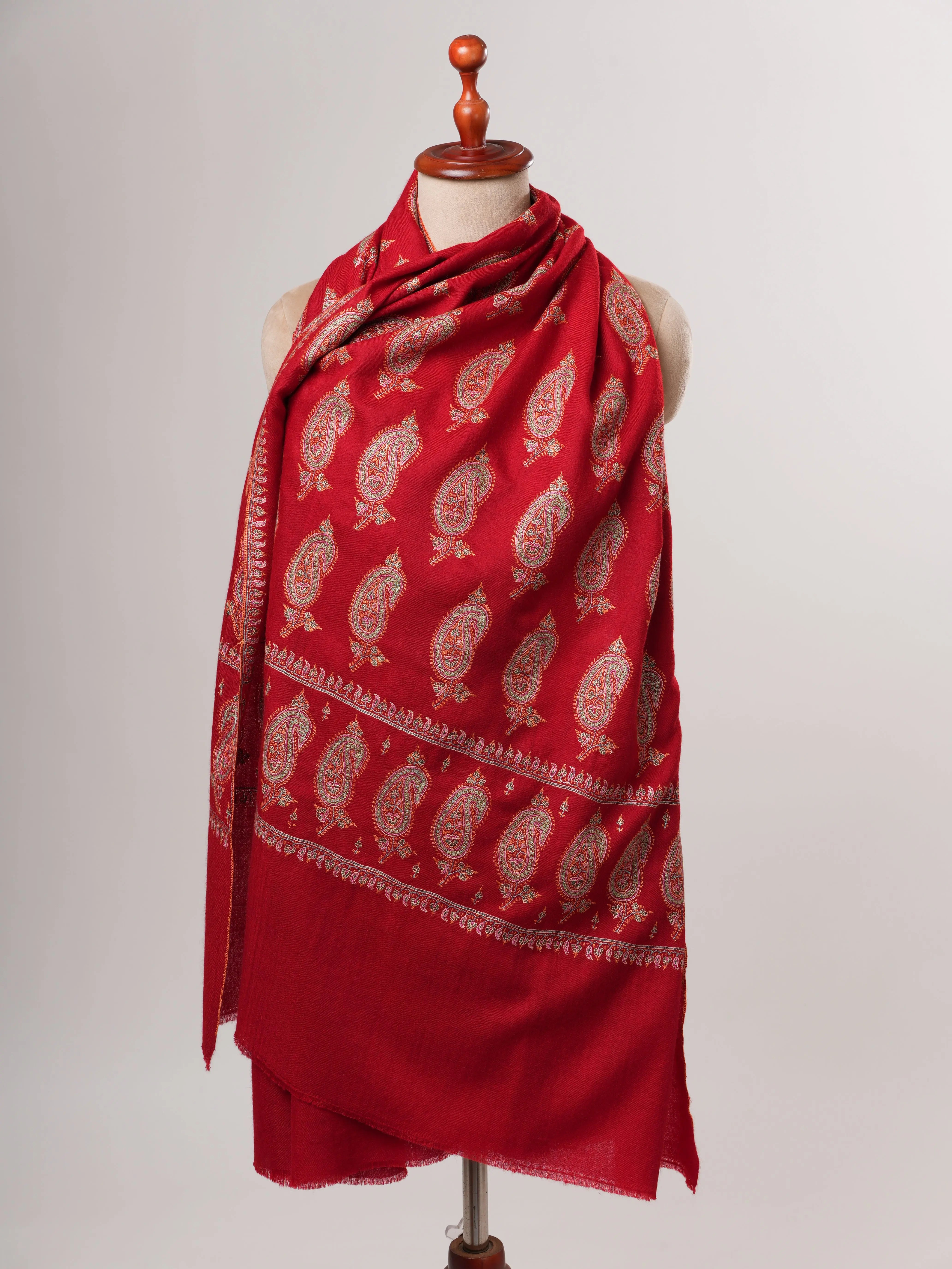 Red Kashmiri Pashmina Shawl with Hand Embroidered Paisley Motifs Shahkaar