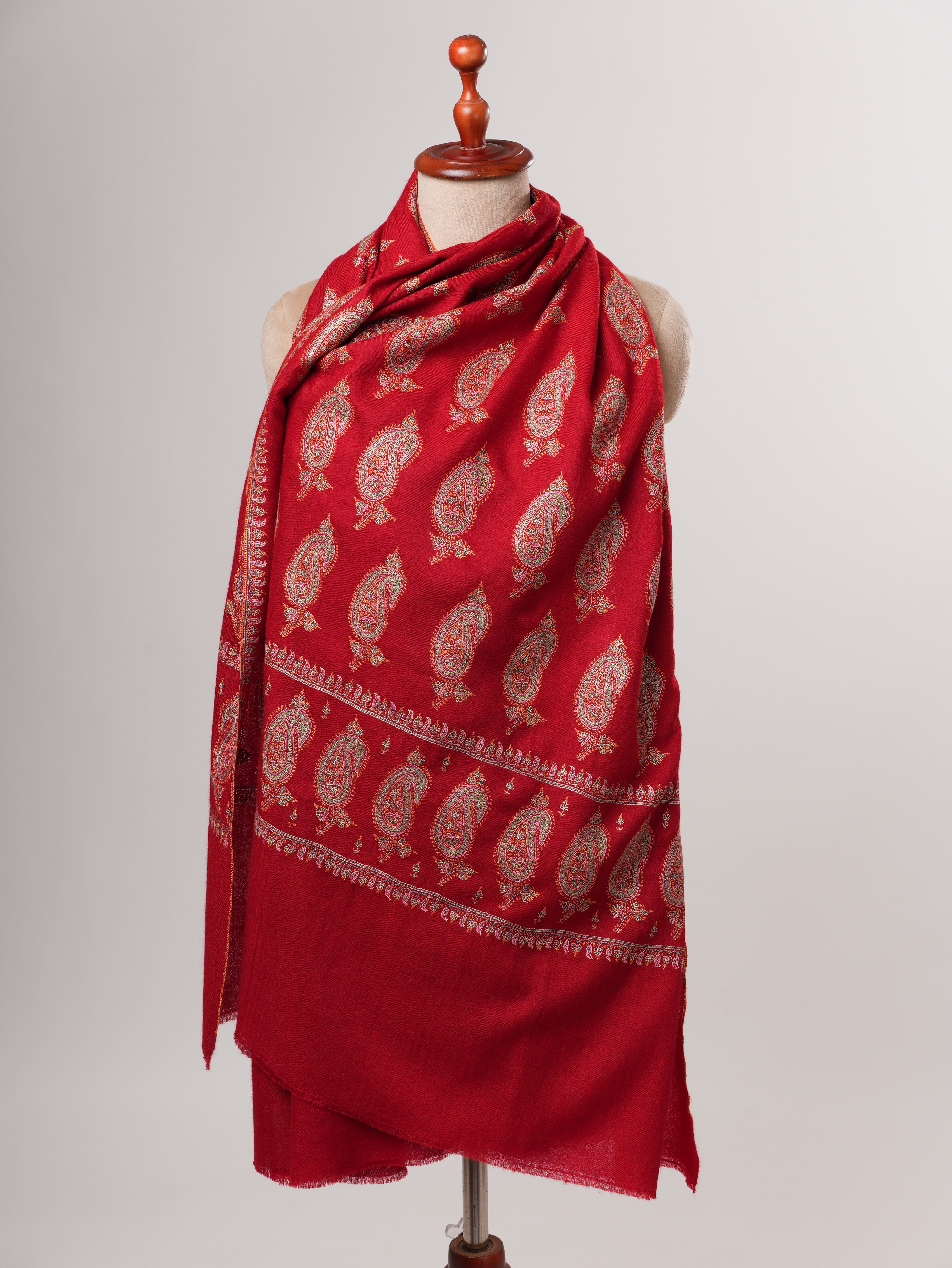 Red Kashmiri Pashmina Shawl with Hand Embroidered Paisley Motifs Shahkaar