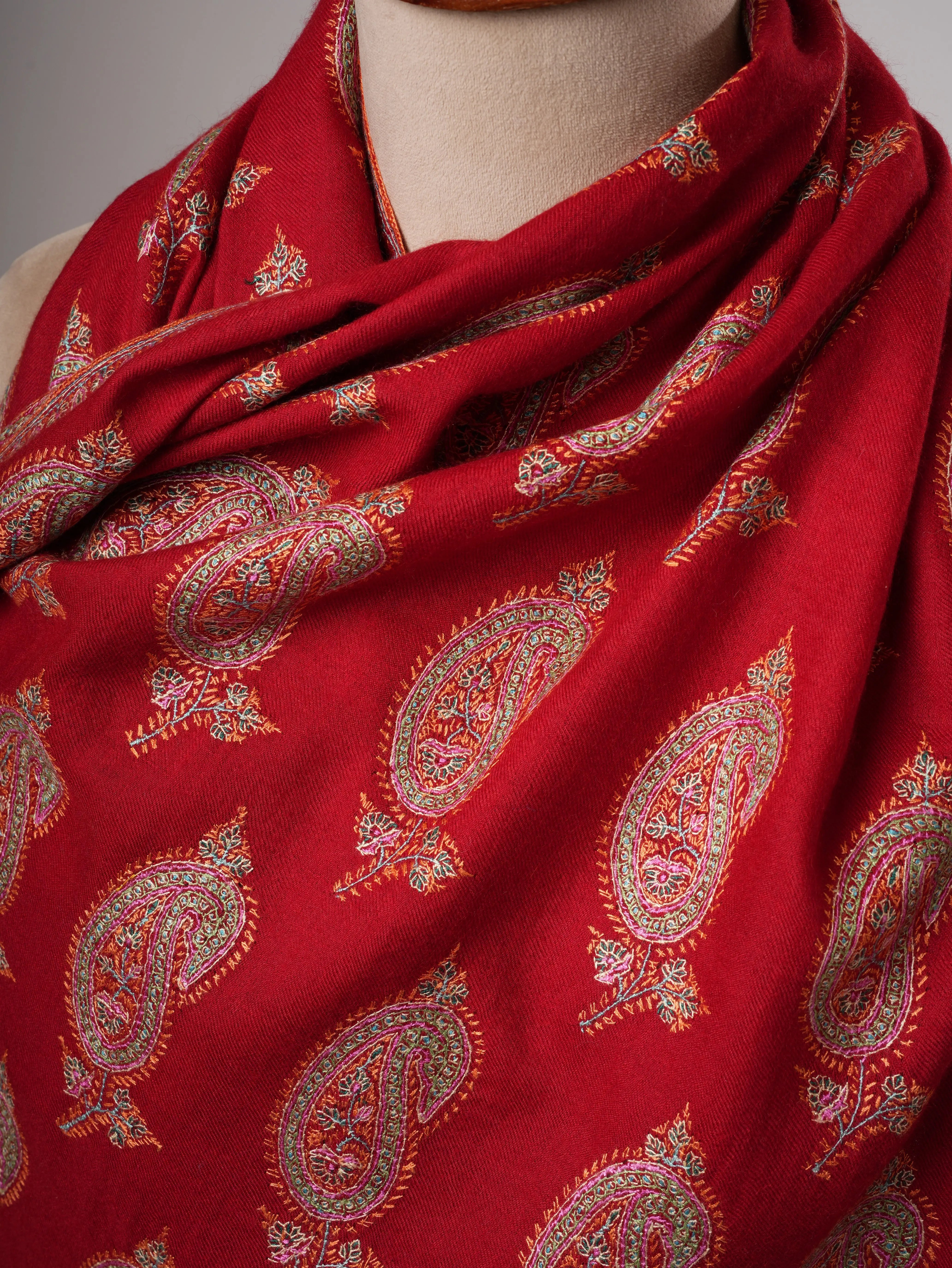 Red Kashmiri Pashmina Shawl with Hand Embroidered Paisley Motifs Shahkaar