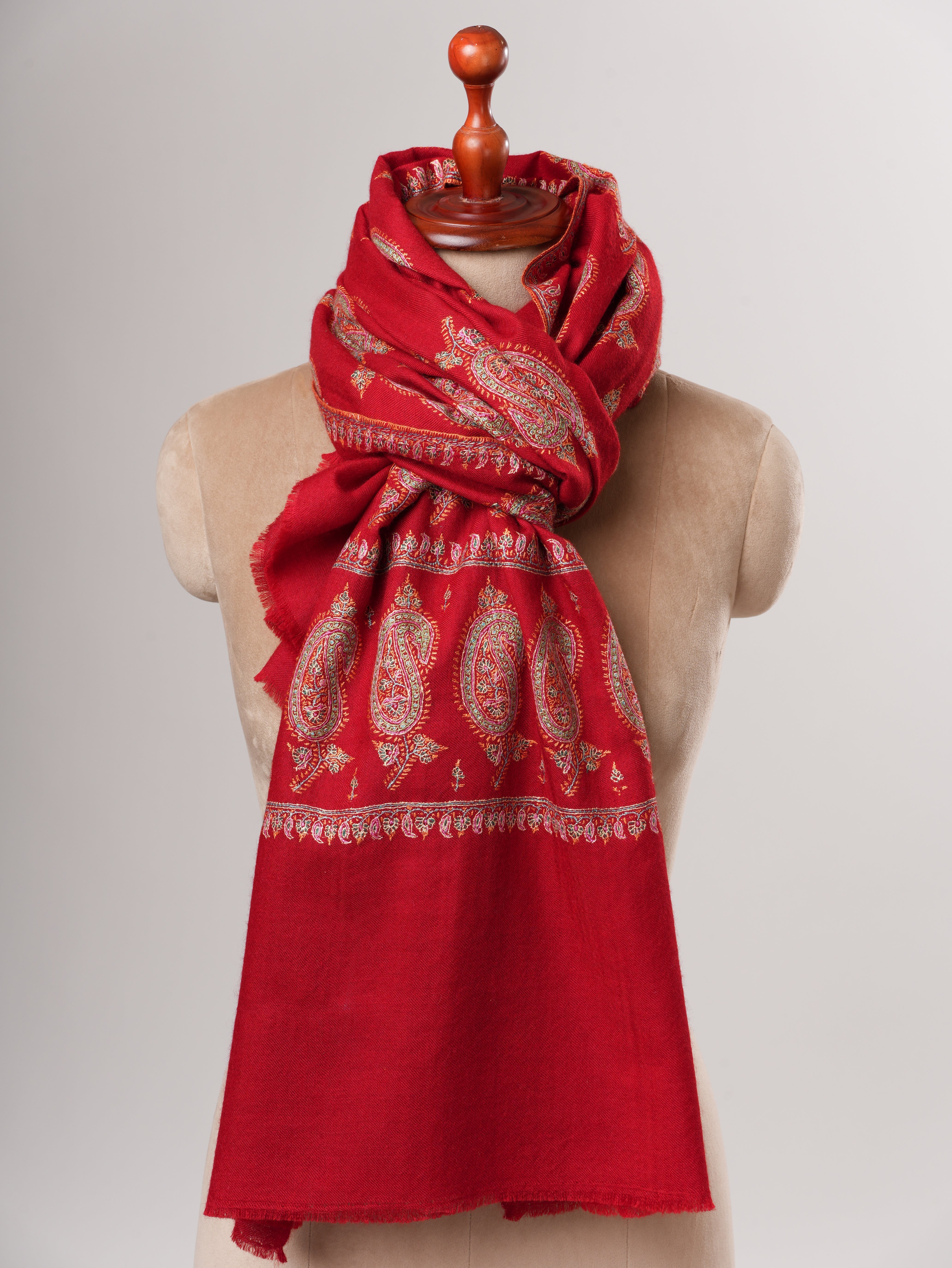 Red Kashmiri Pashmina Shawl with Hand Embroidered Paisley Motifs Shahkaar