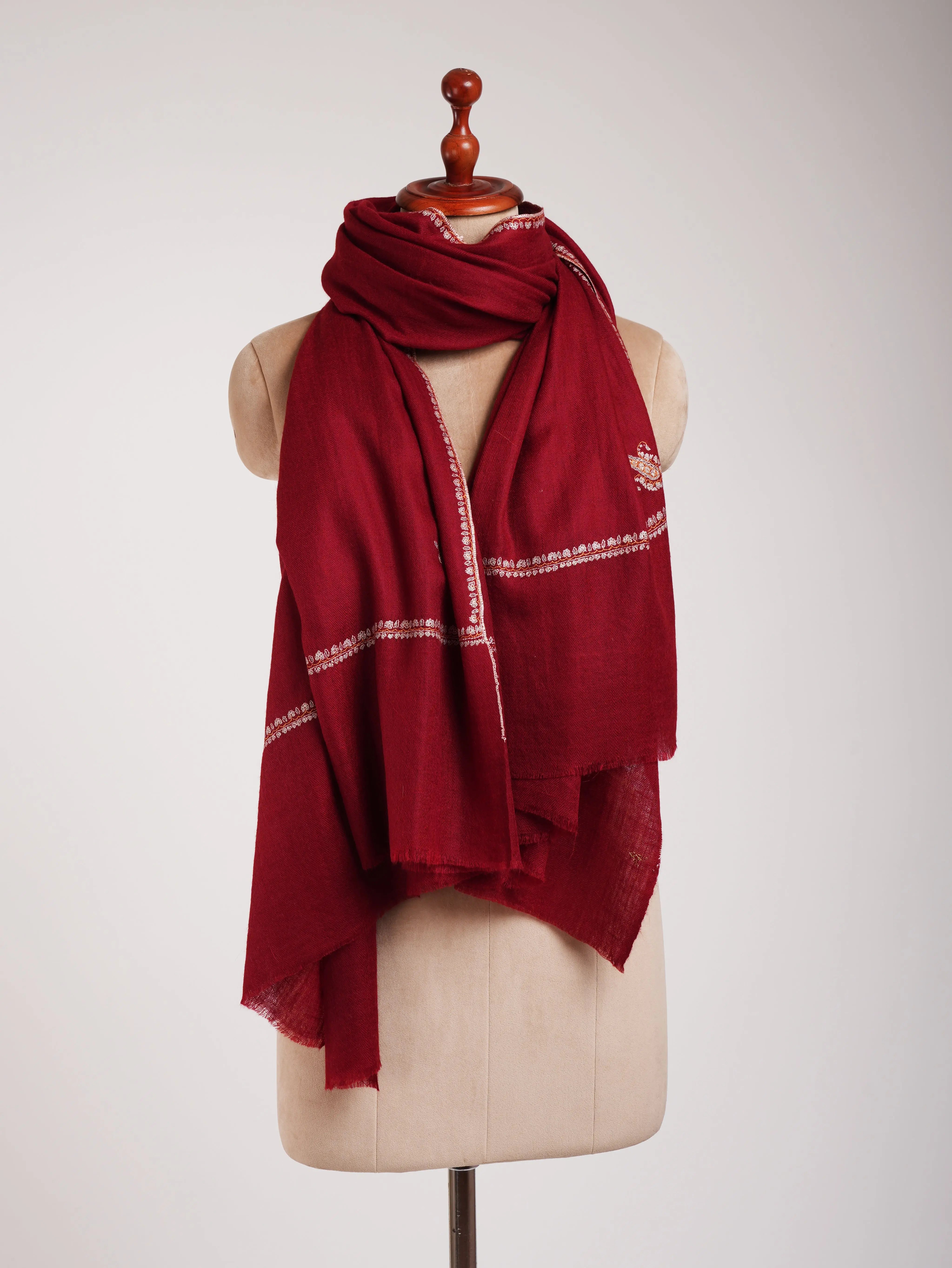 Red Minimalistic Embroidered Pure Pashmina Shawl Shahkaar