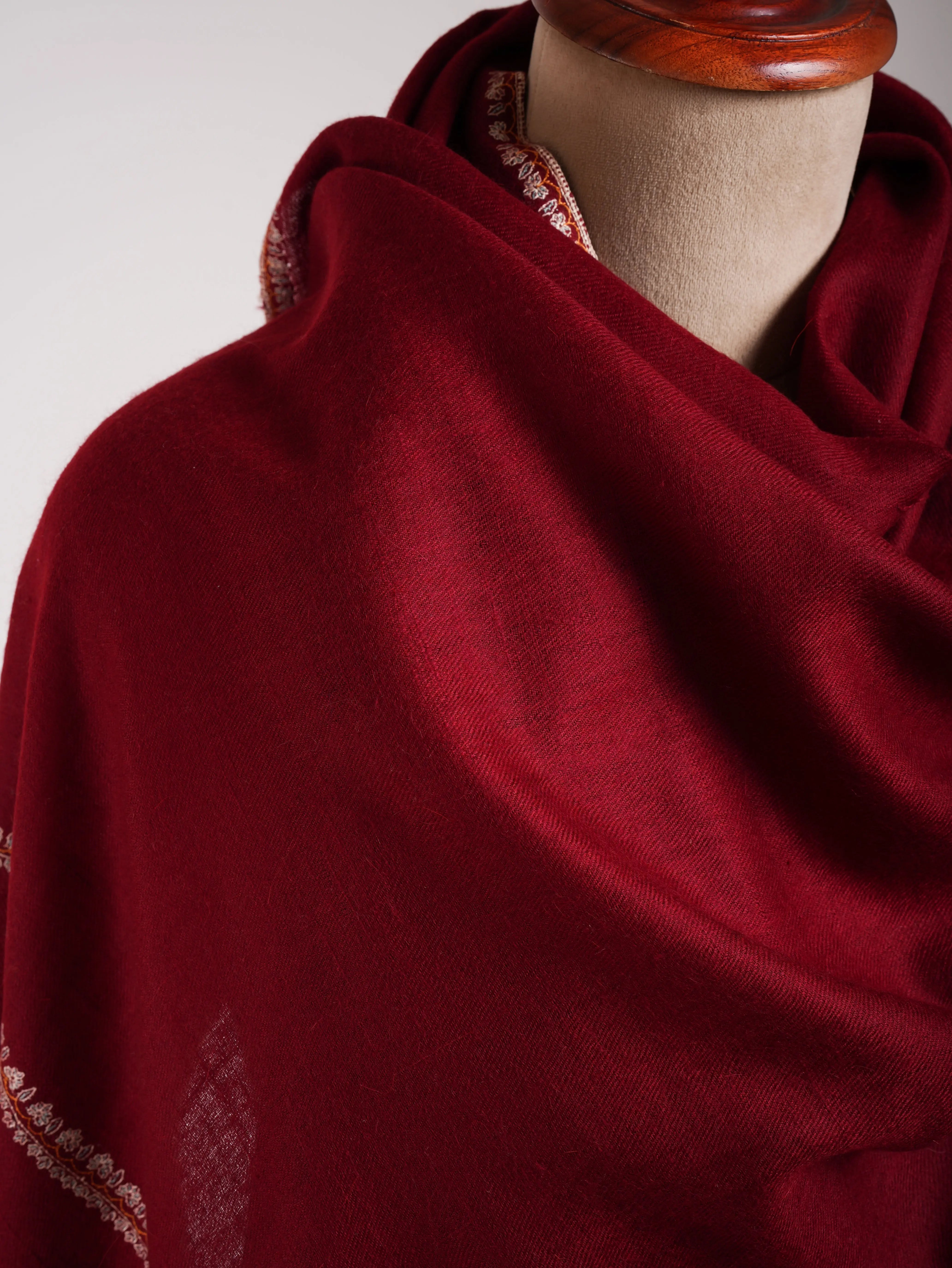 Red Minimalistic Embroidered Pure Pashmina Shawl Shahkaar
