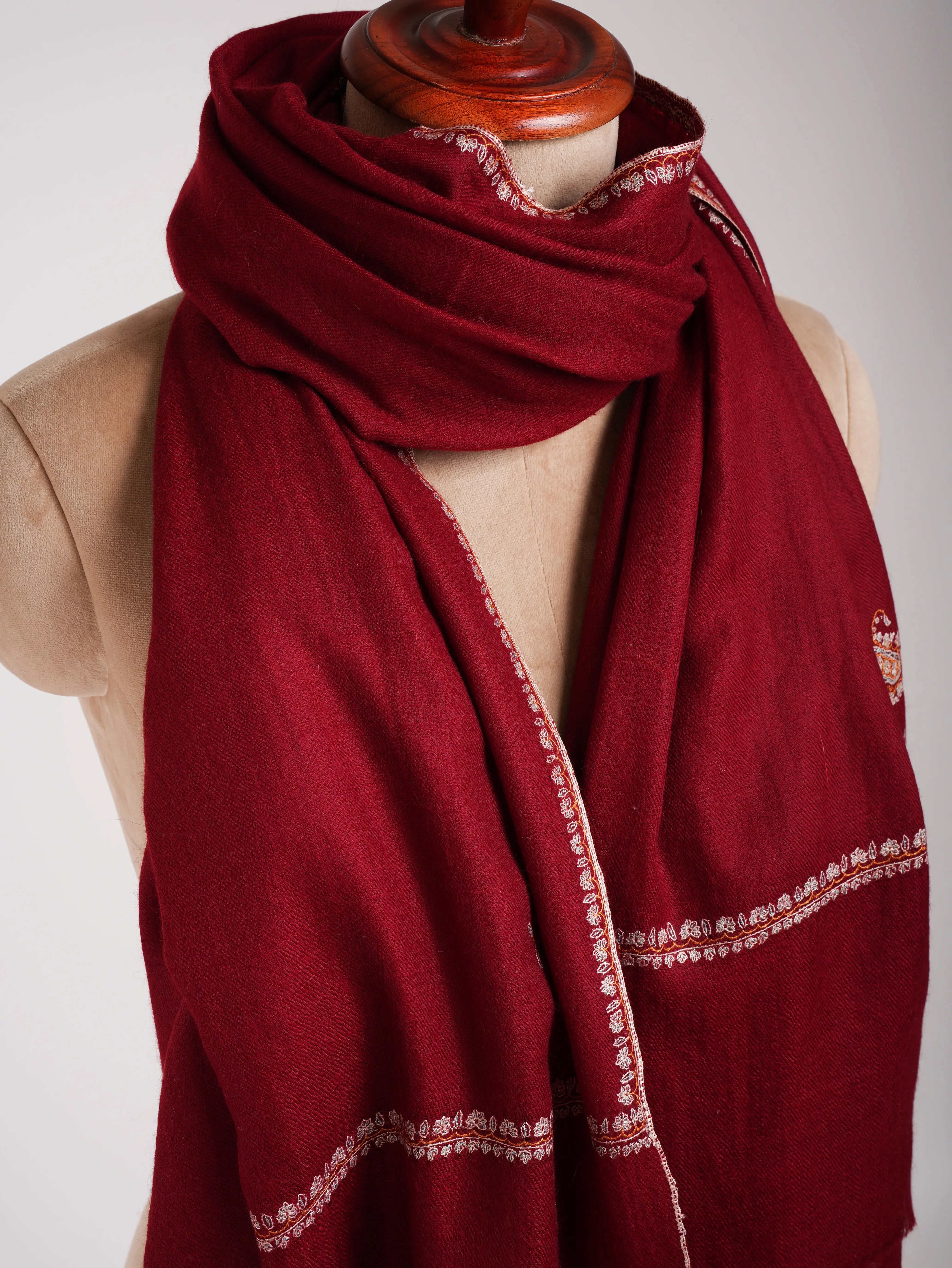 Red Minimalistic Embroidered Pure Pashmina Shawl Shahkaar