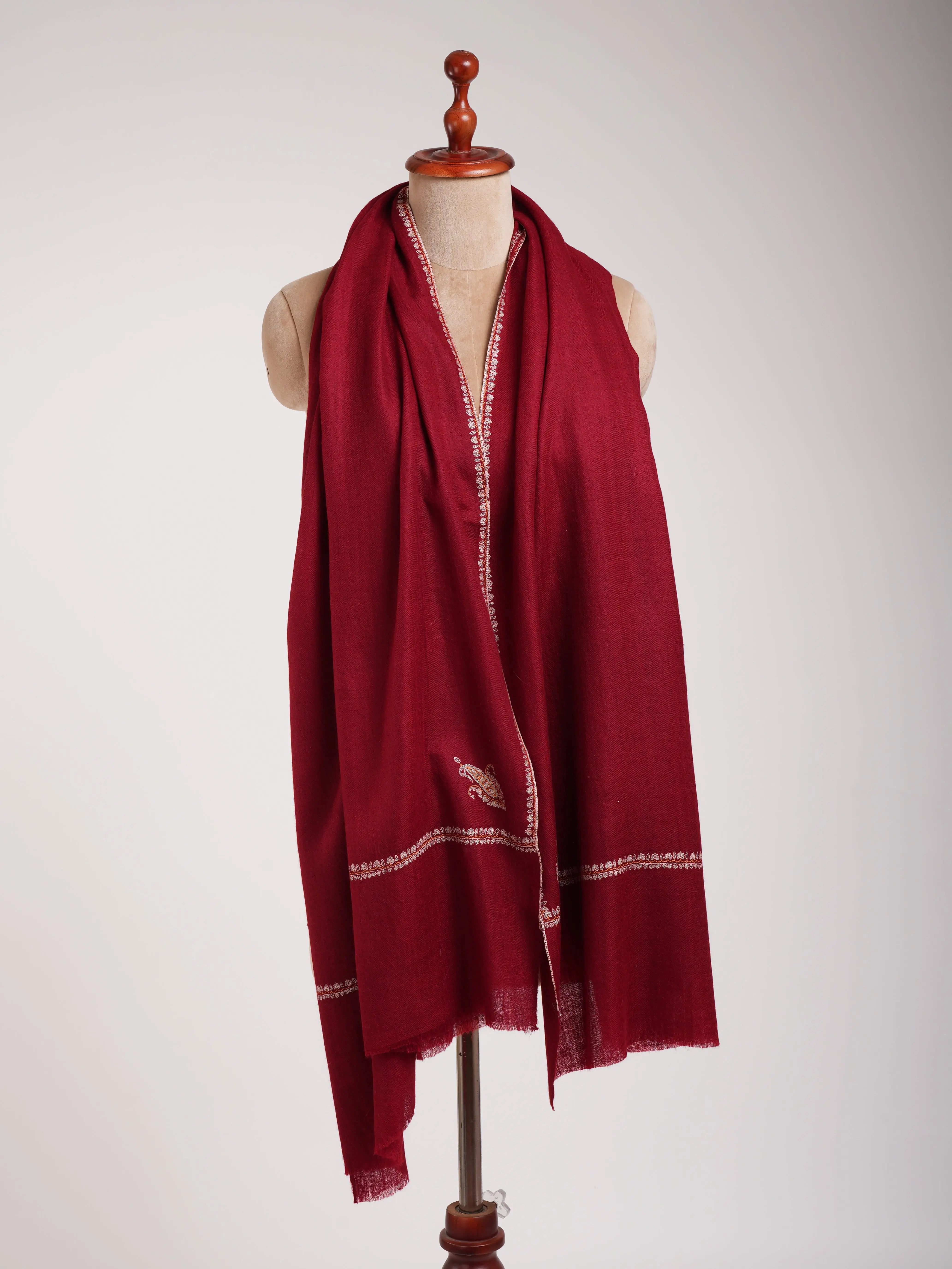 Red Minimalistic Embroidered Pure Pashmina Shawl Shahkaar