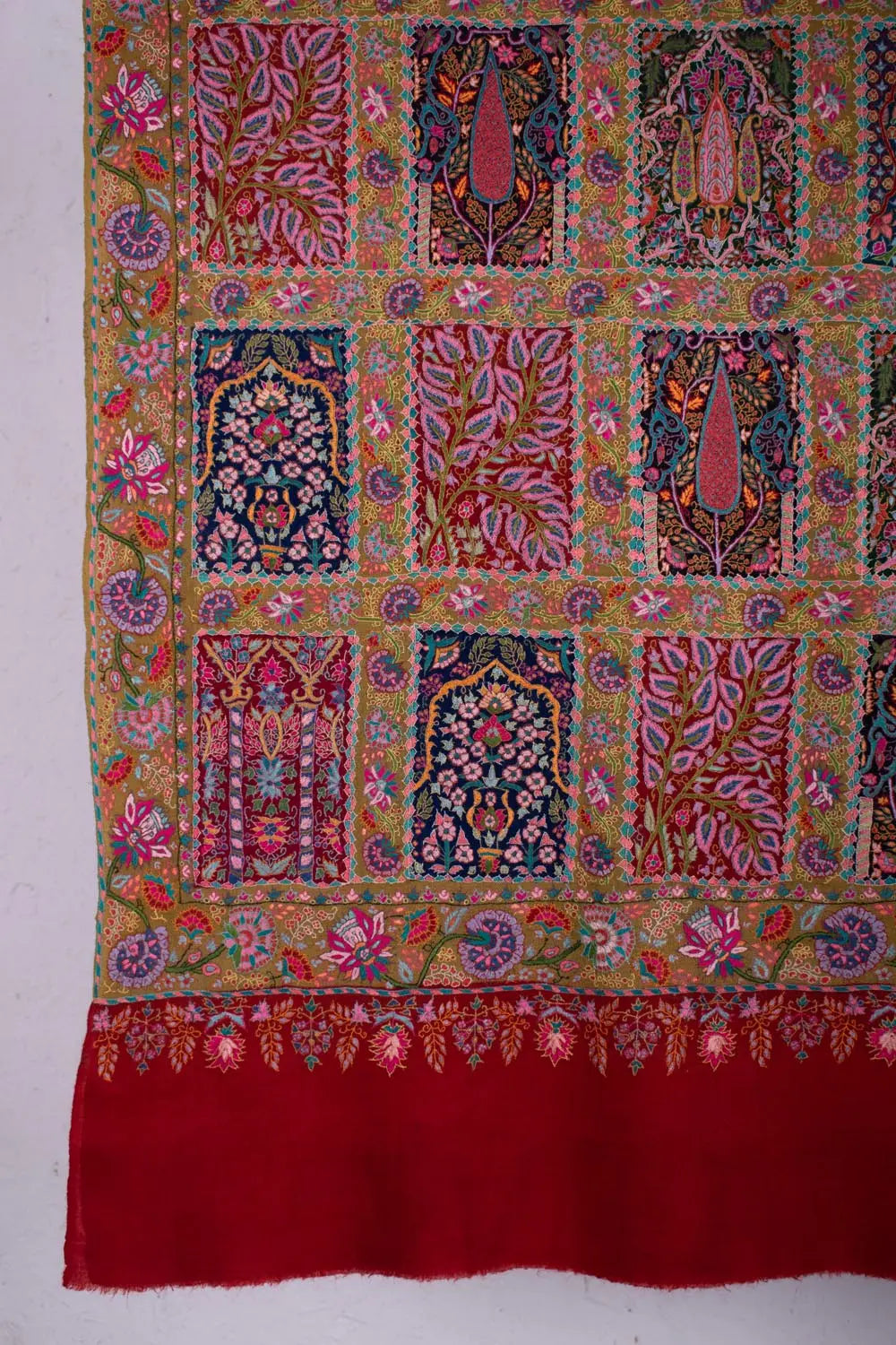 Red Mustard Artistic Wedding Pashmina Shawl - RHUBARB Shahkaar