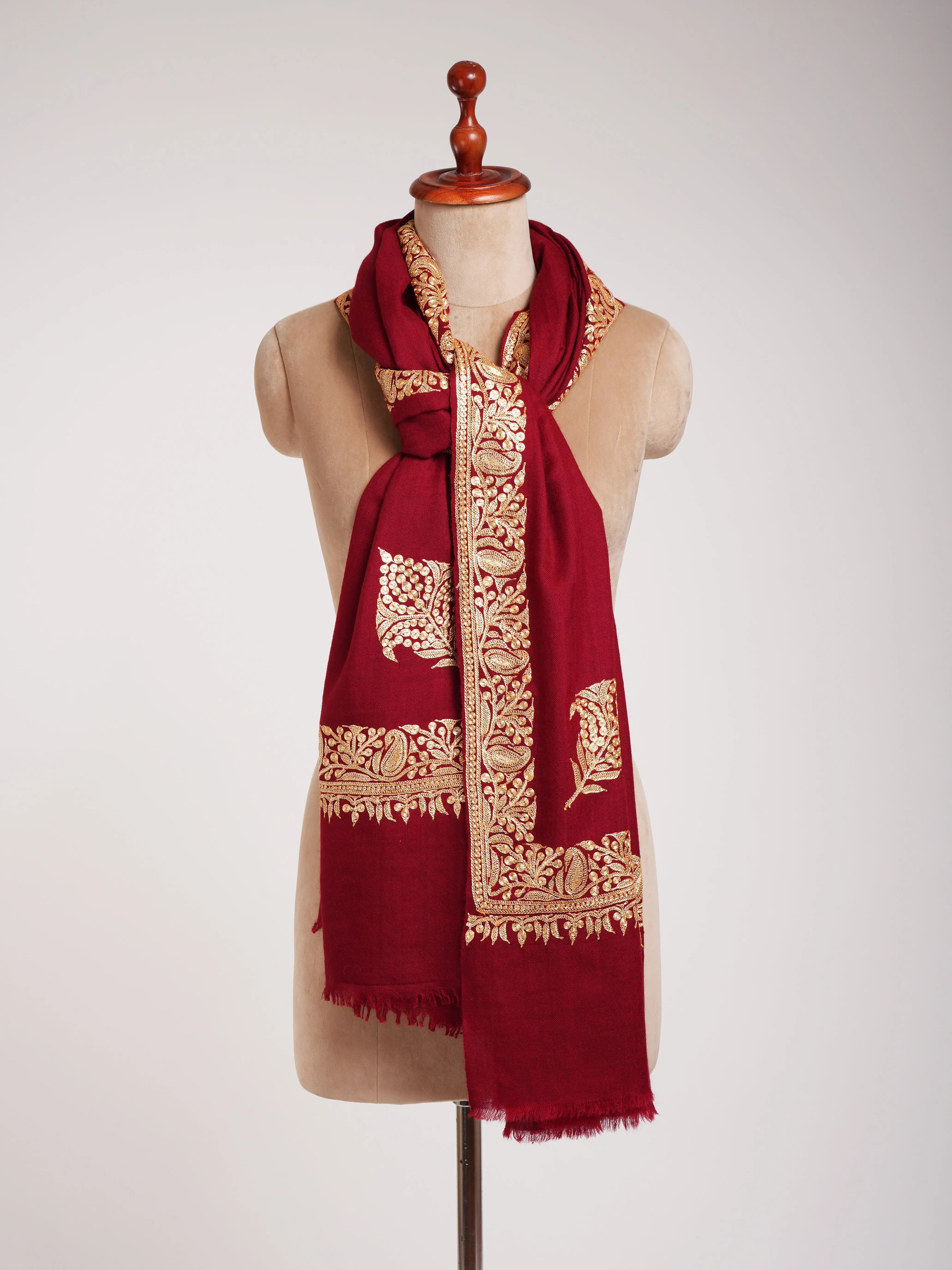 Red Pashmina Shawl with Kashmir Tilla Work Shahkaar