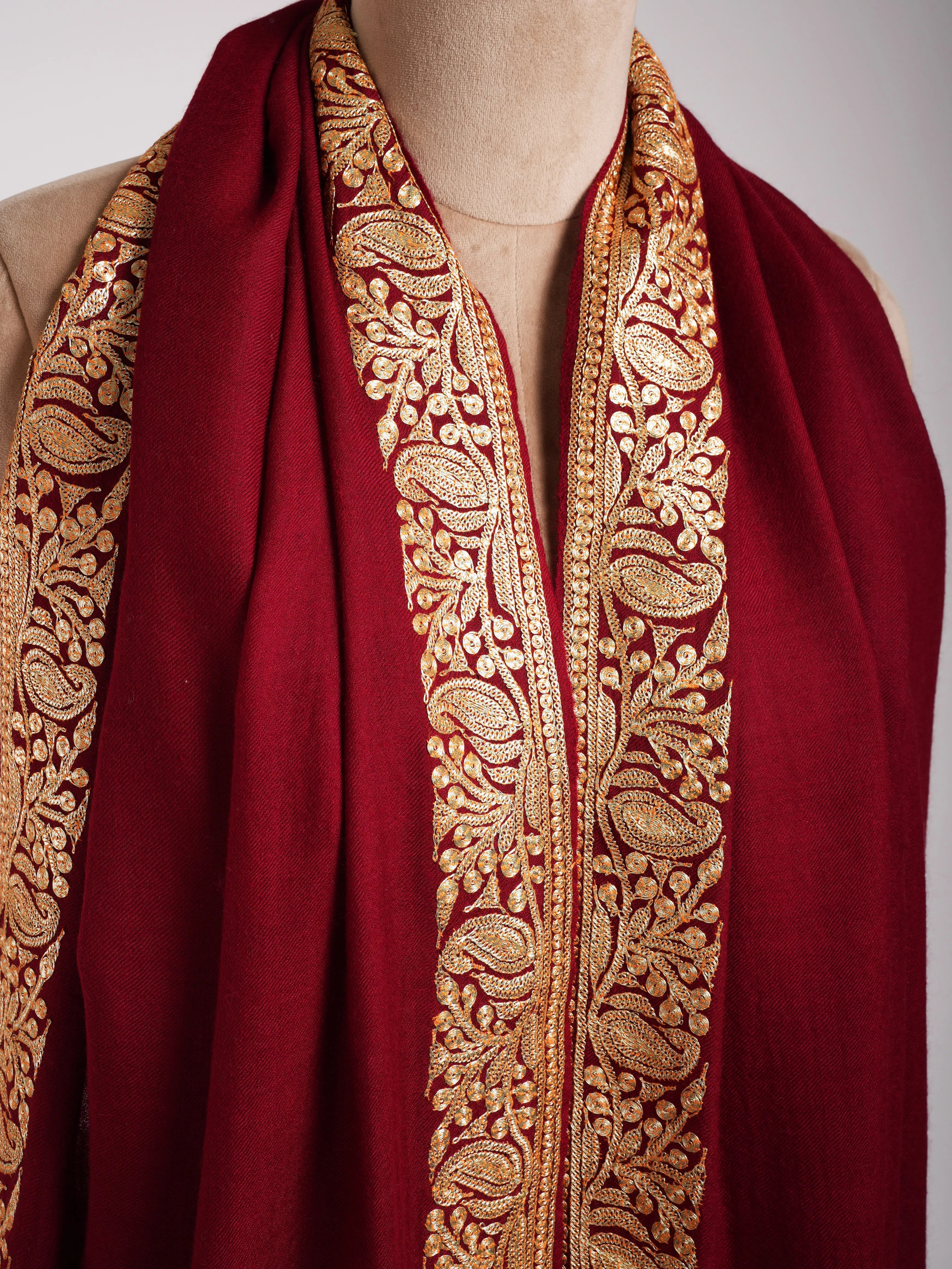Red Pashmina Shawl with Kashmir Tilla Work Shahkaar