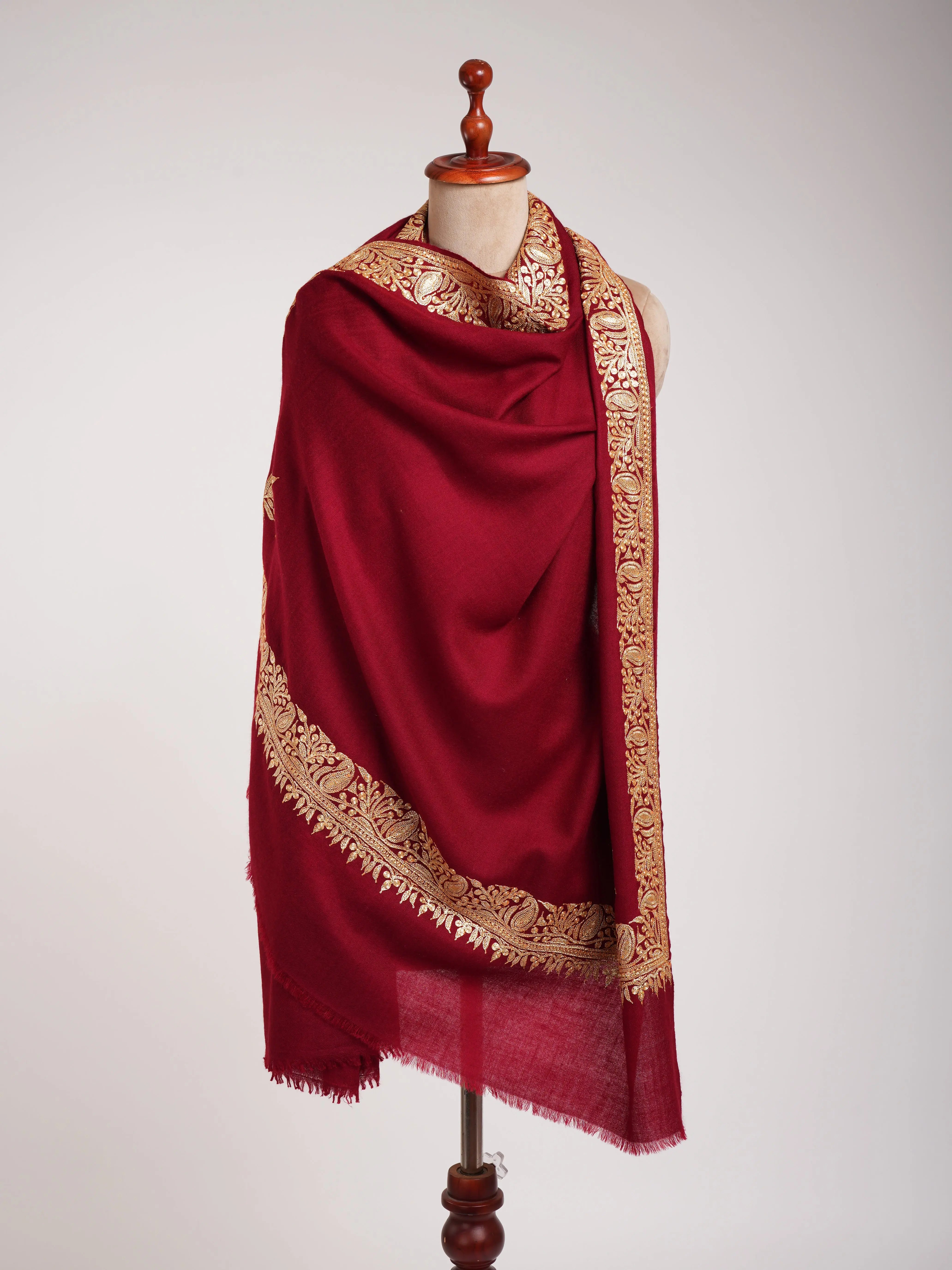 Red Pashmina Shawl with Kashmir Tilla Work Shahkaar