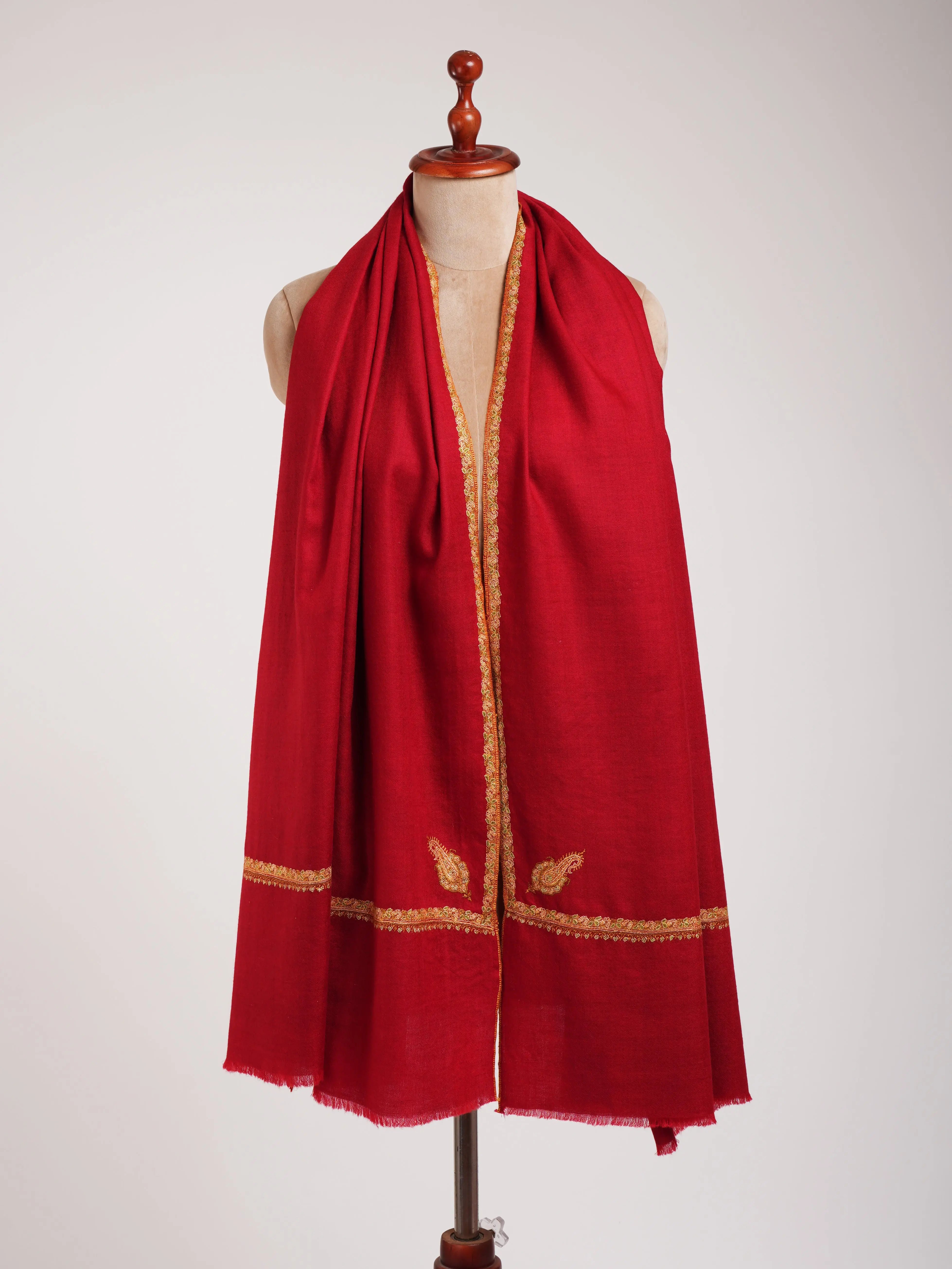 Red Sozni Embroidered Kashmiri Pashmina Women's Shawl Shahkaar
