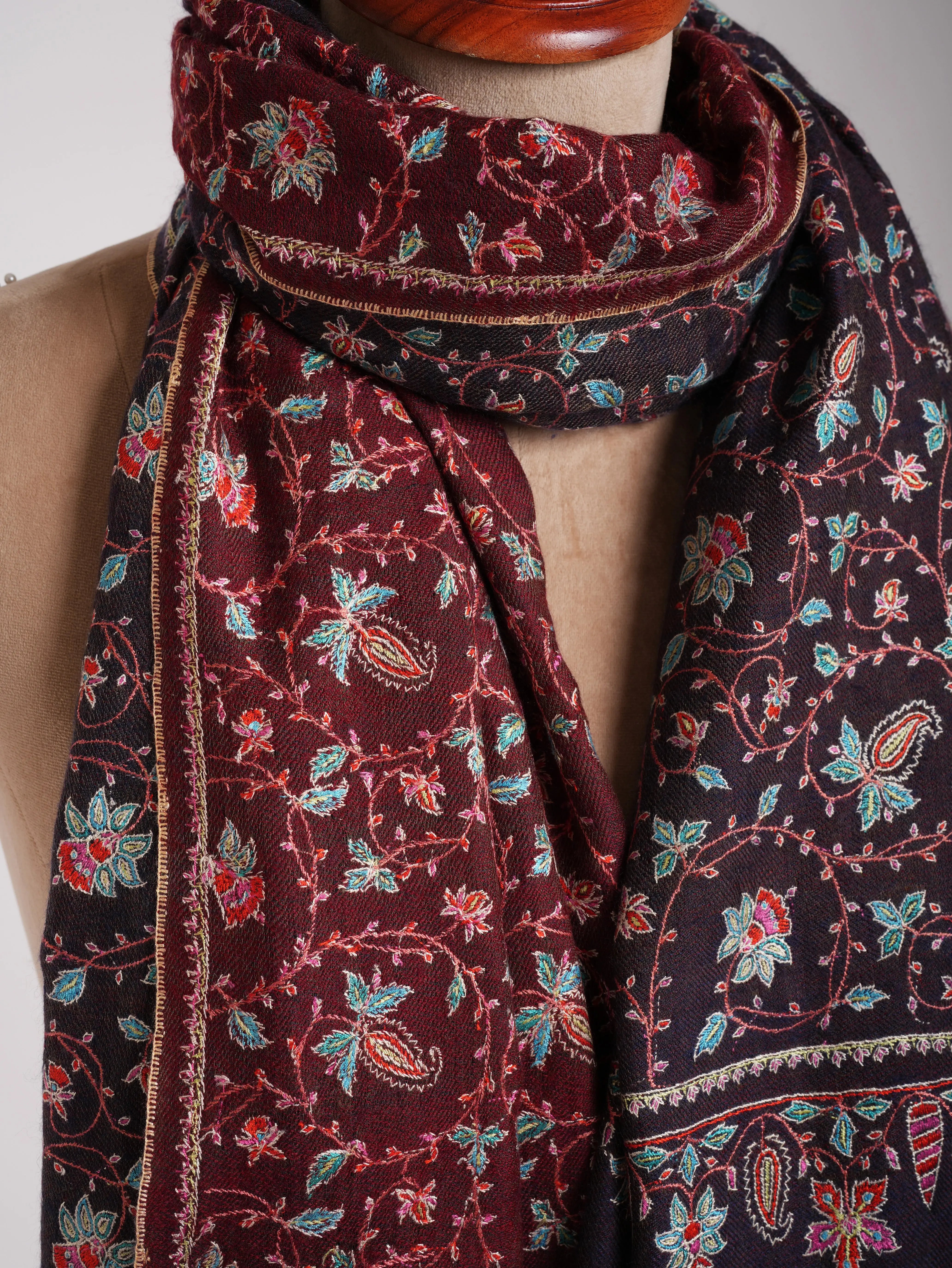 Red and Blue Dual shade Hand Embroidered Pashmina Shawl Shahkaar
