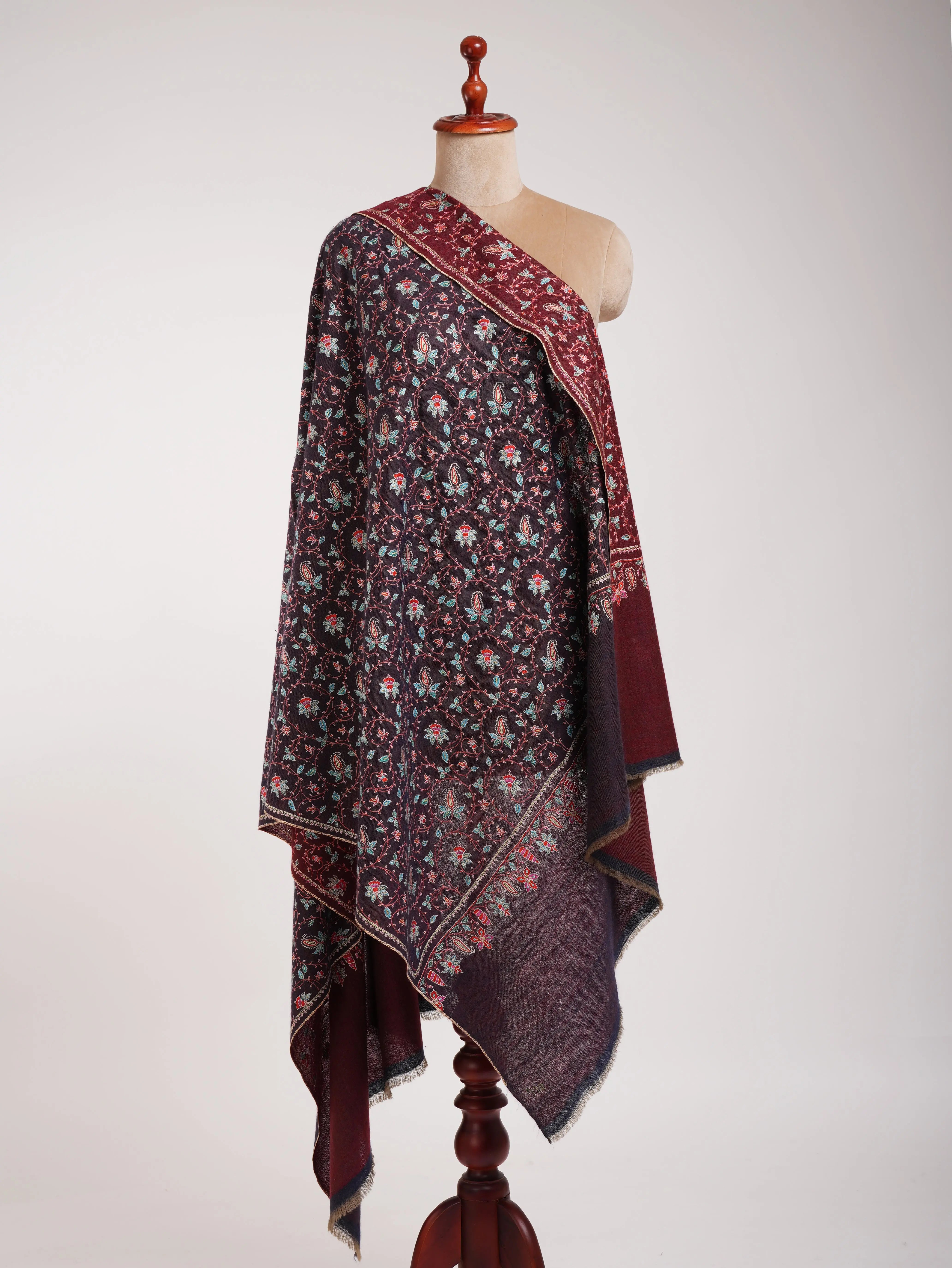 Red and Blue Dual shade Hand Embroidered Pashmina Shawl Shahkaar