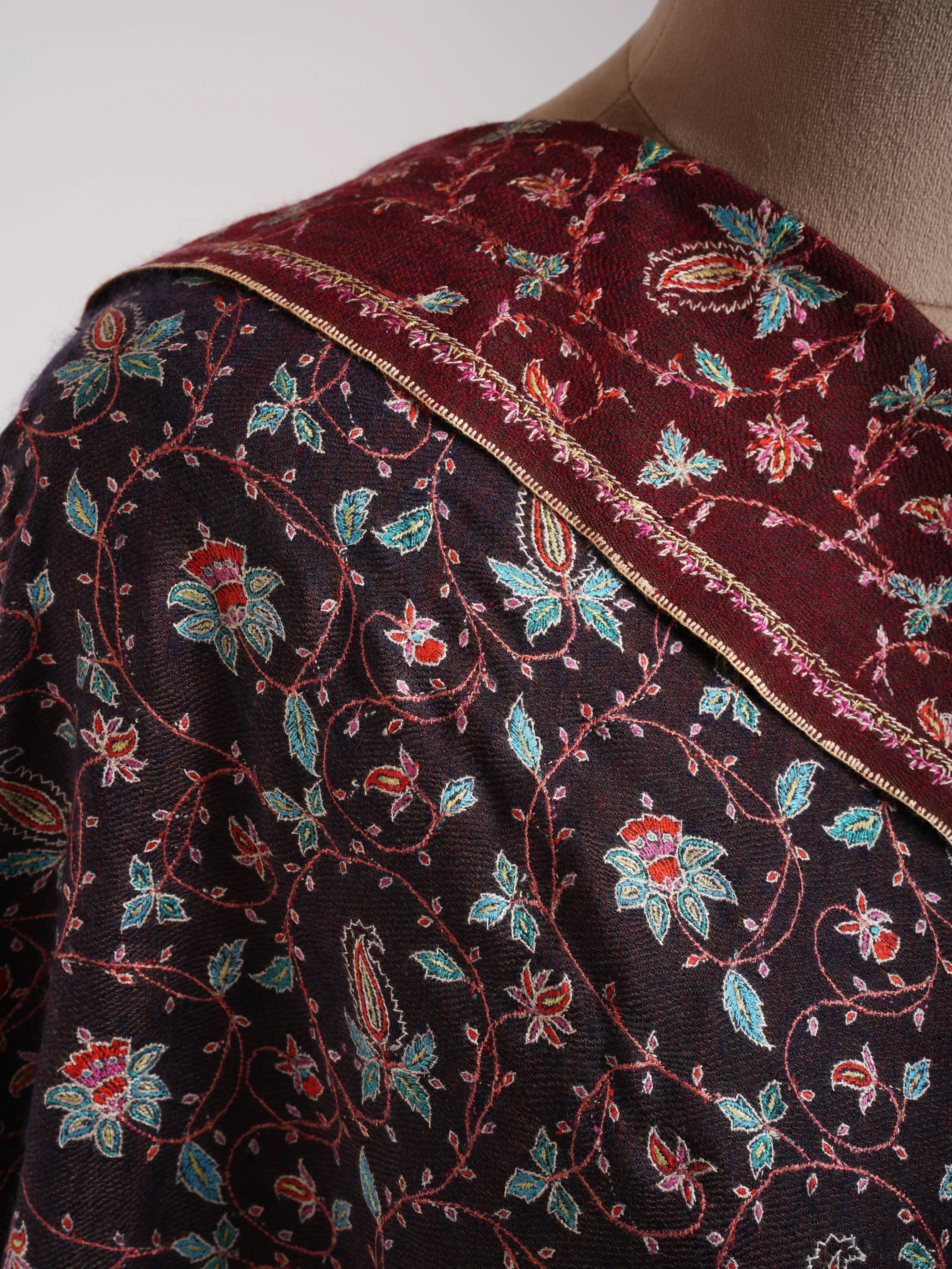 Red and Blue Dual shade Hand Embroidered Pashmina Shawl Shahkaar