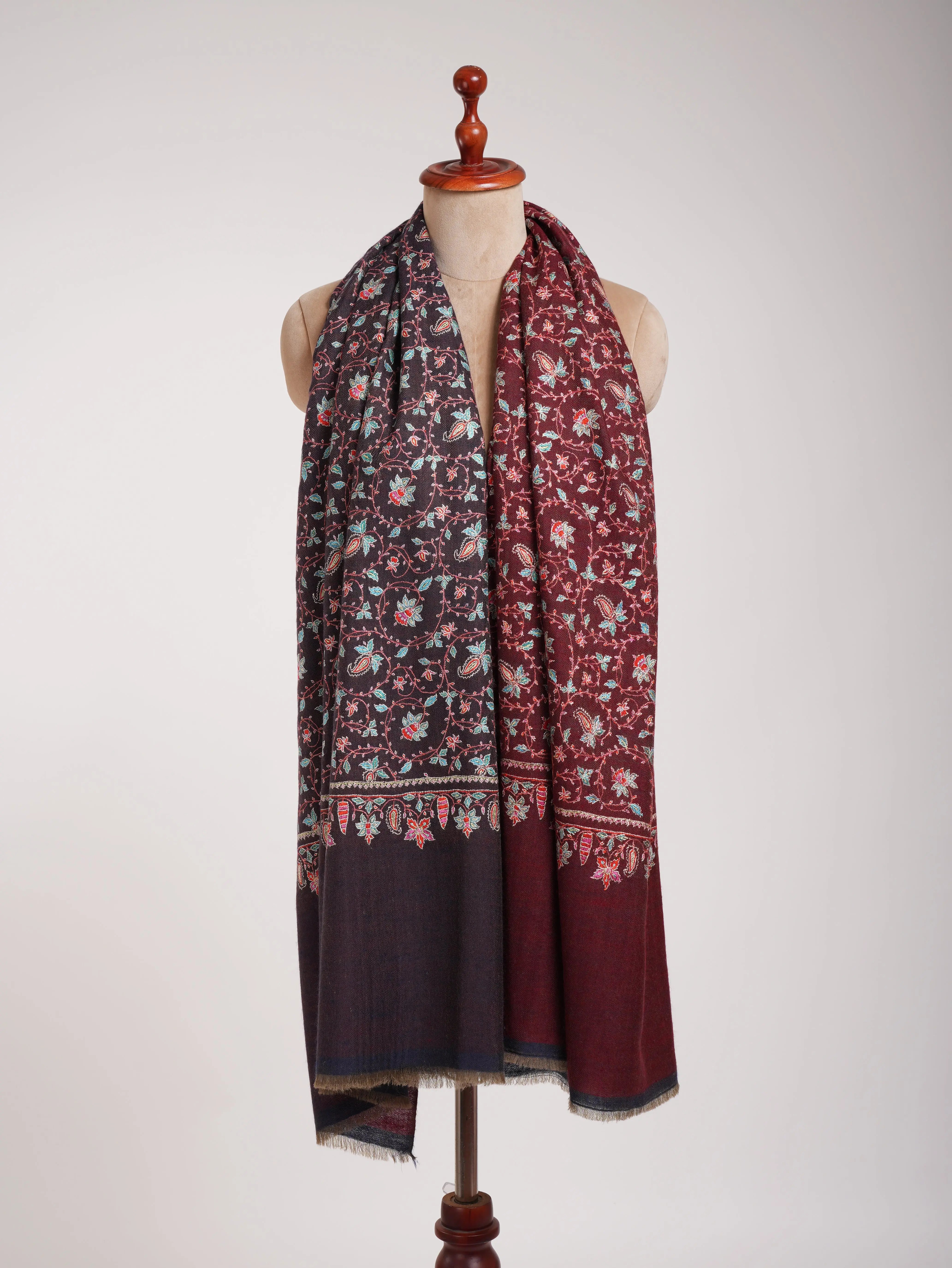 Red and Blue Dual shade Hand Embroidered Pashmina Shawl Shahkaar