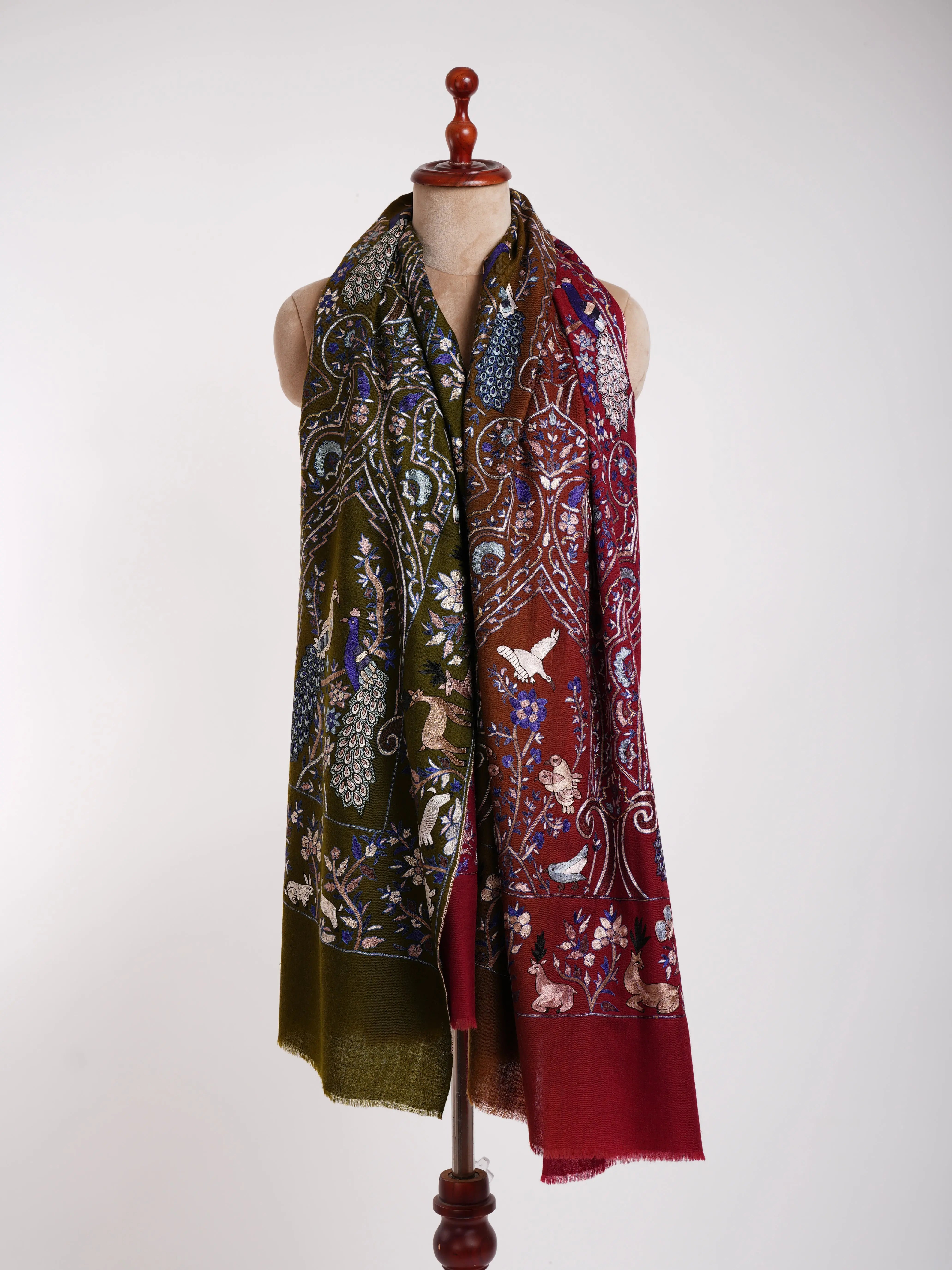 Red and Cypress Ombre Hookwork Pashmina Jamavar Shawl Shahkaar