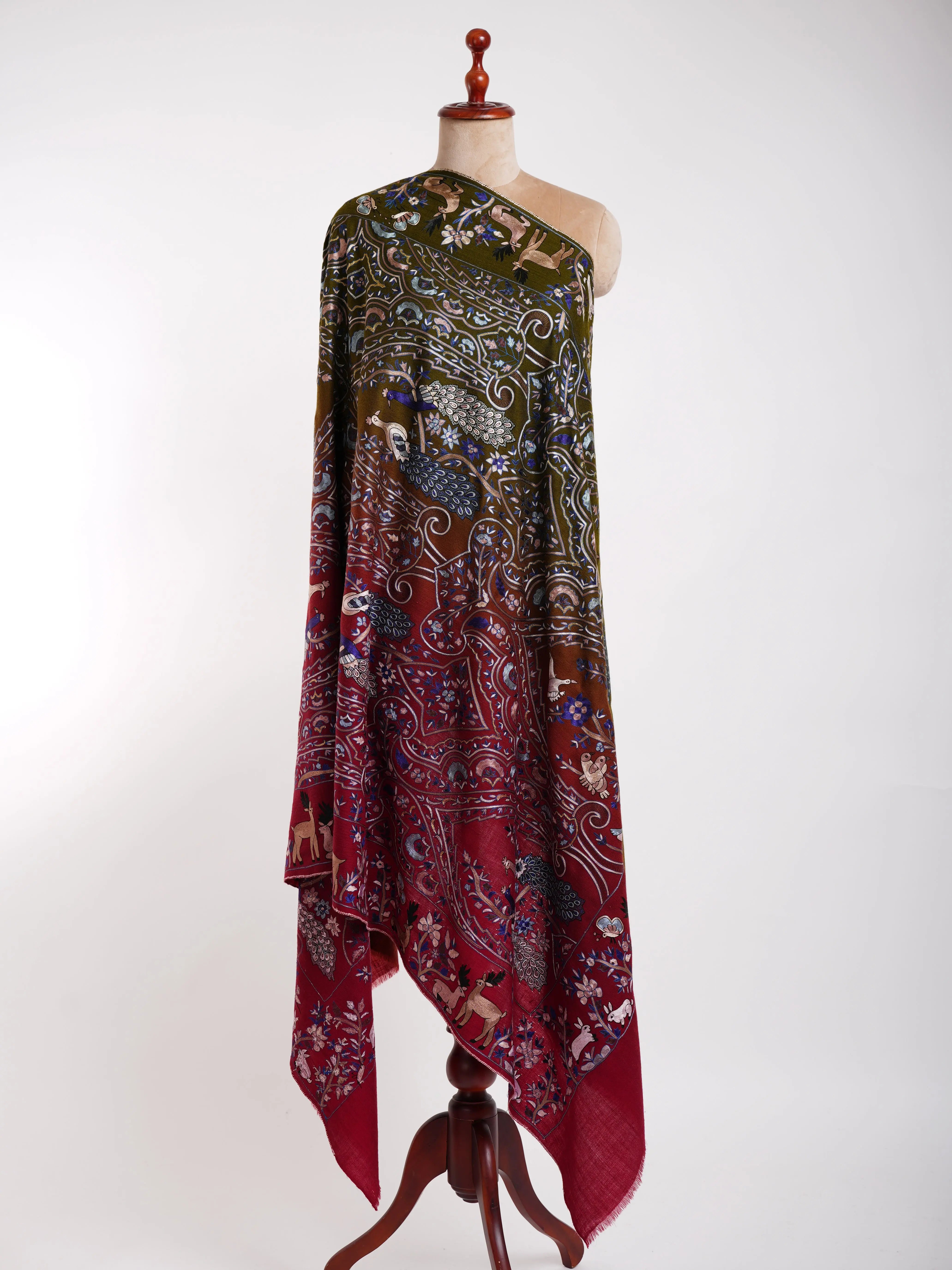 Red and Cypress Ombre Hookwork Pashmina Jamavar Shawl Shahkaar