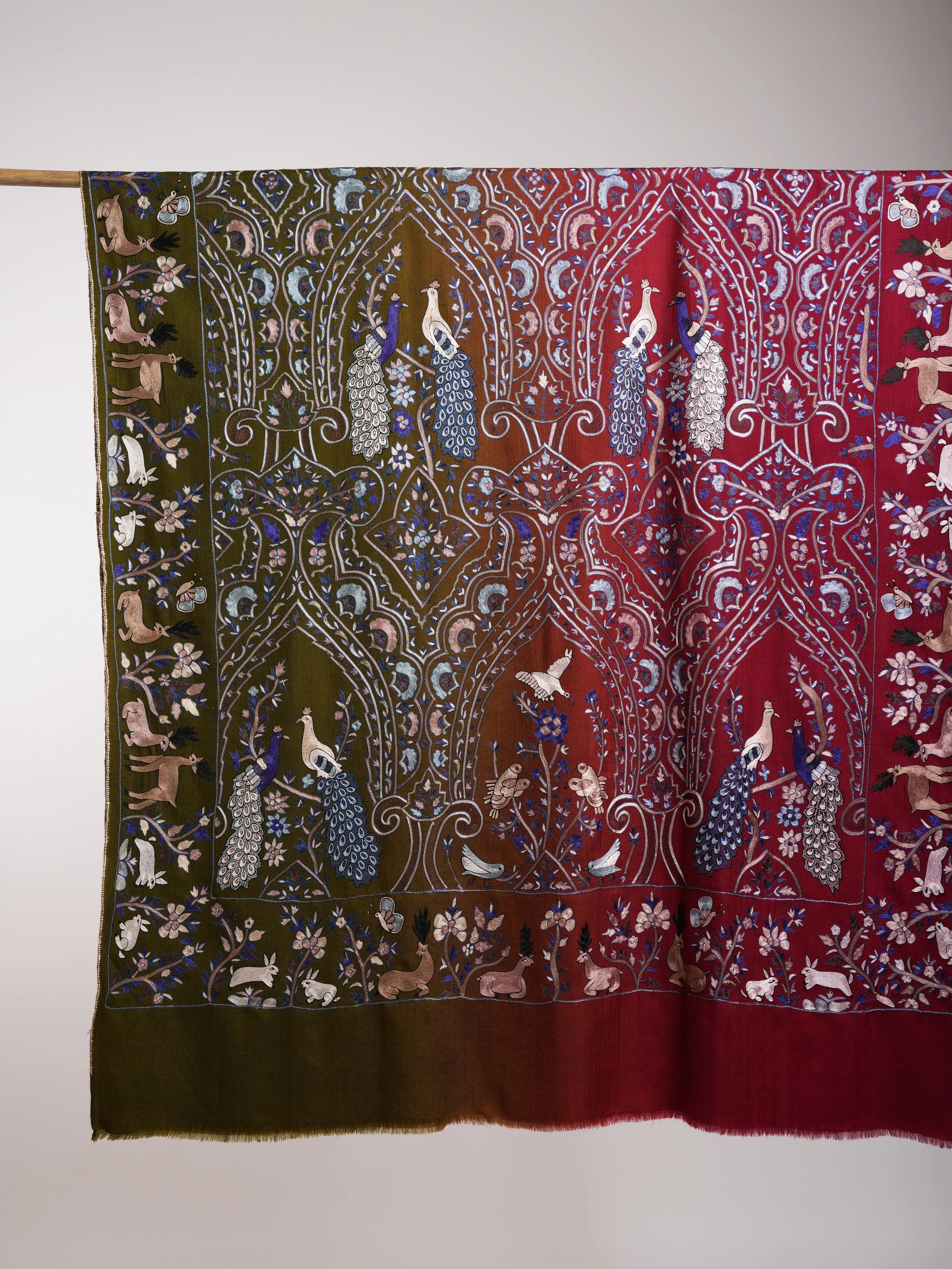 Red and Cypress Ombre Hookwork Pashmina Jamavar Shawl Shahkaar