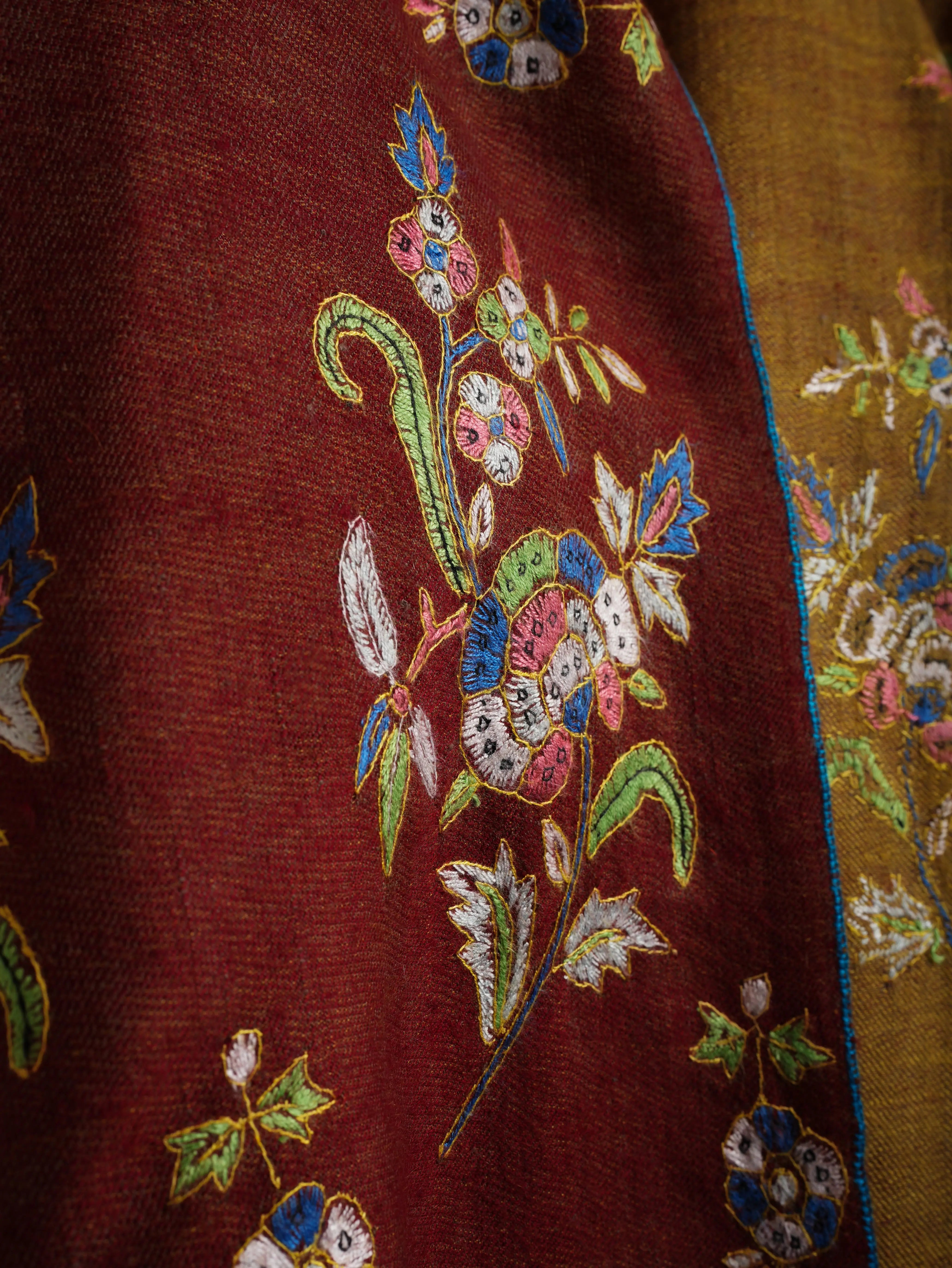 Red and Mustard Dorukha Embroidered Authentic Pashmina Shawl Shahkaar