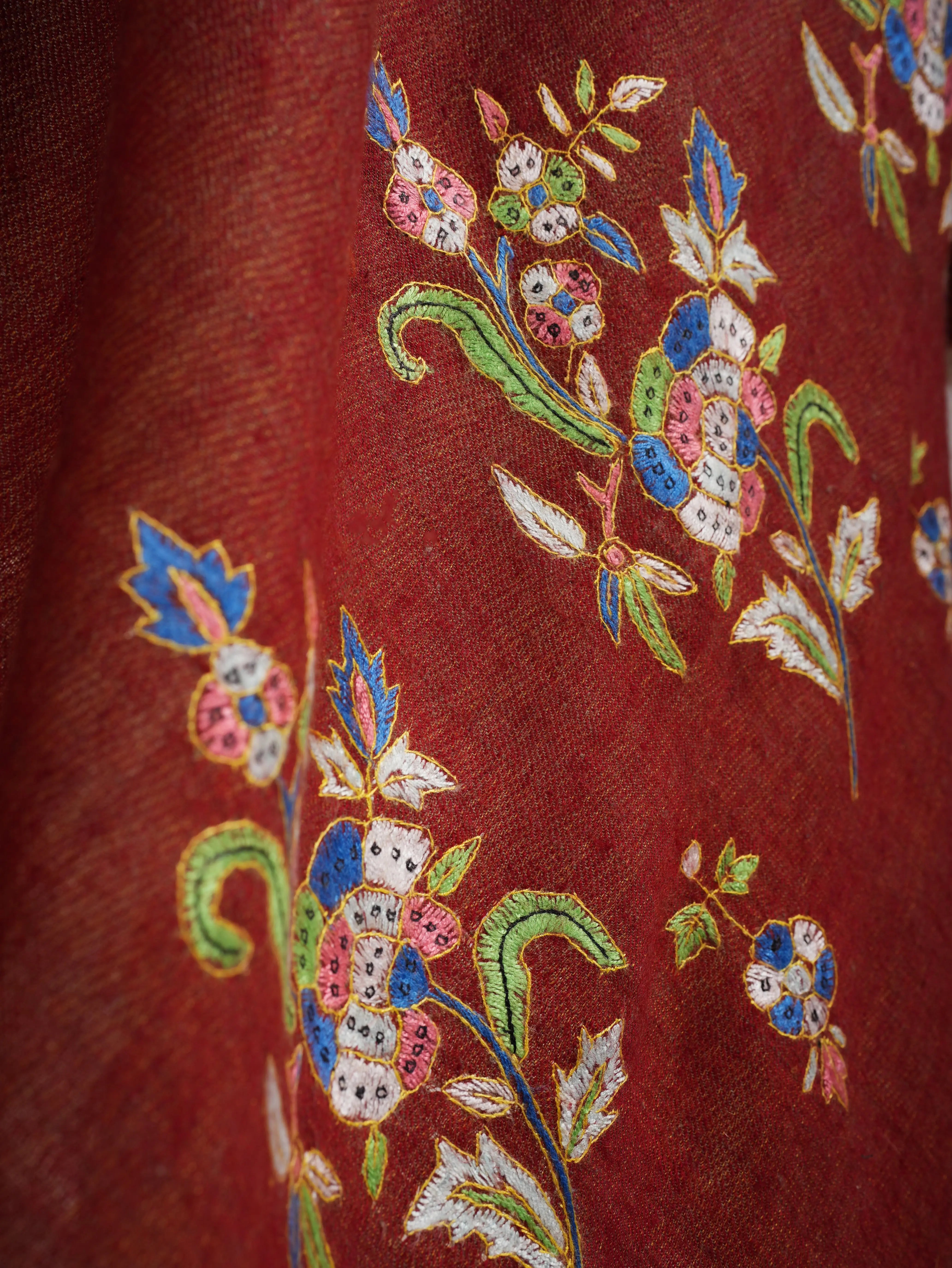 Red and Mustard Dorukha Embroidered Authentic Pashmina Shawl Shahkaar