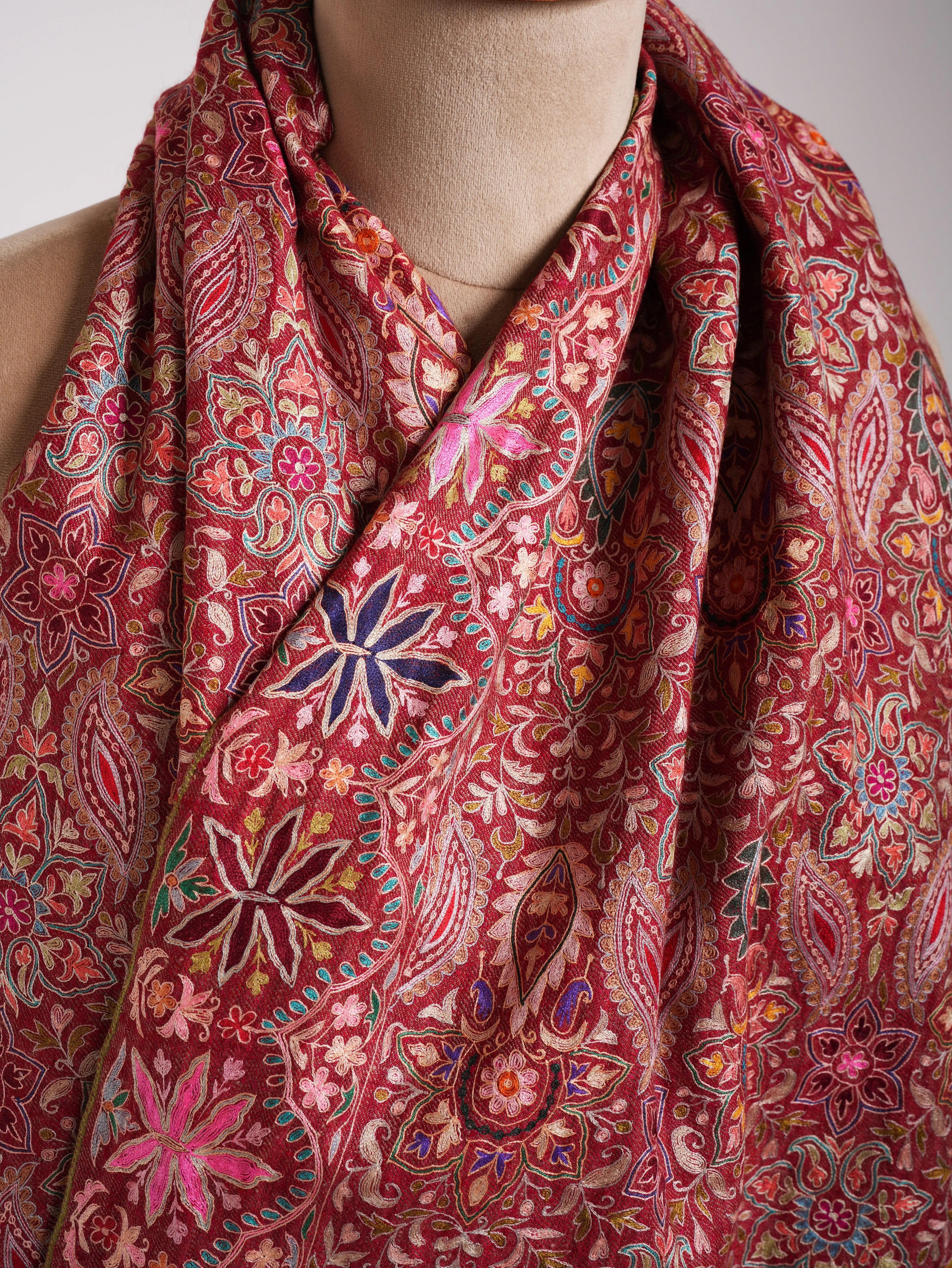 Red and Zari Dorukha with Embroidery Glamorous Pashmina Wrap Shahkaar