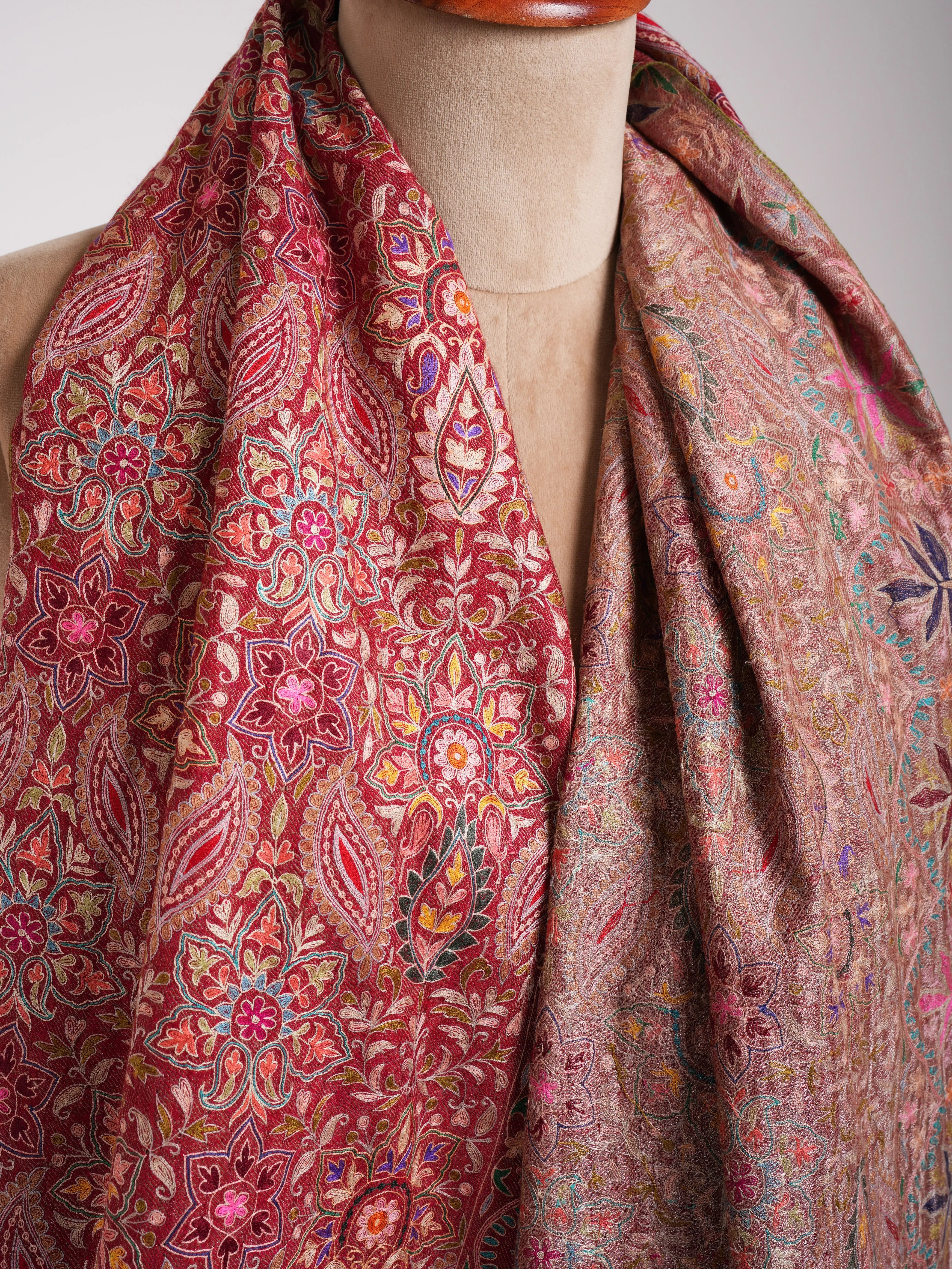 Red and Zari Dorukha with Embroidery Glamorous Pashmina Wrap Shahkaar