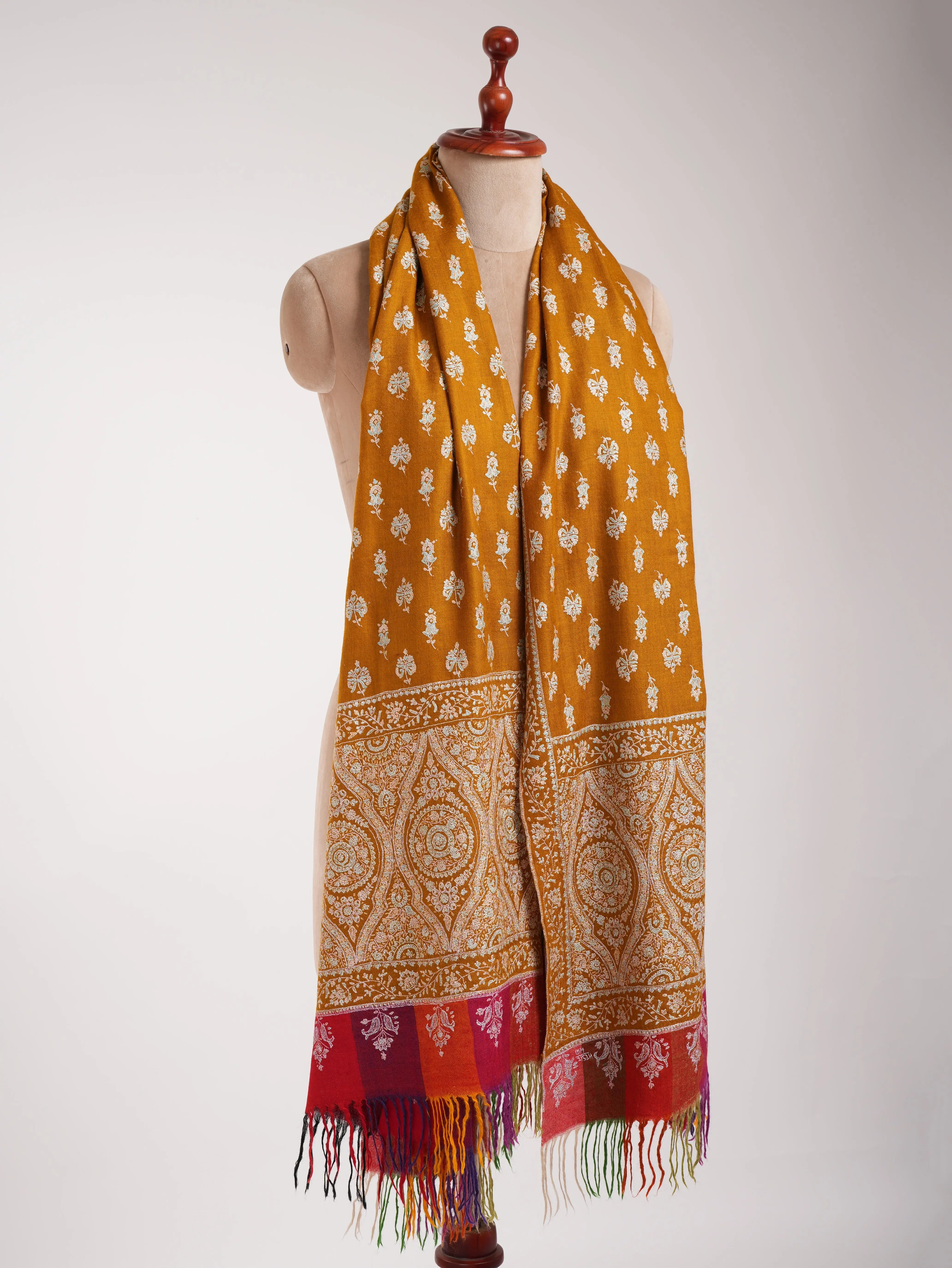 Royal Mustard Handmade Indian Pashmina Embroidered Shawl Shahkaar
