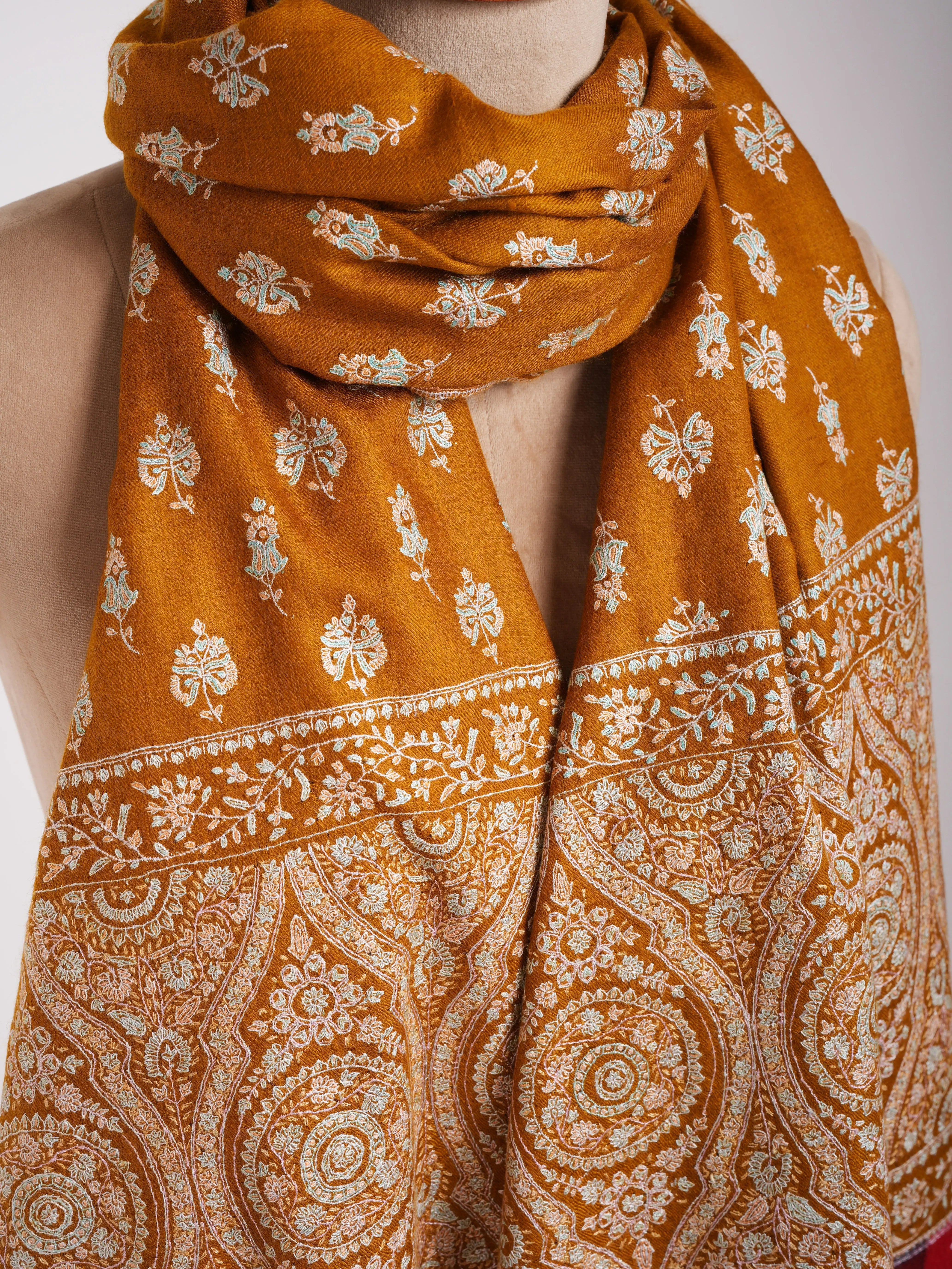 Royal Mustard Handmade Indian Pashmina Embroidered Shawl Shahkaar