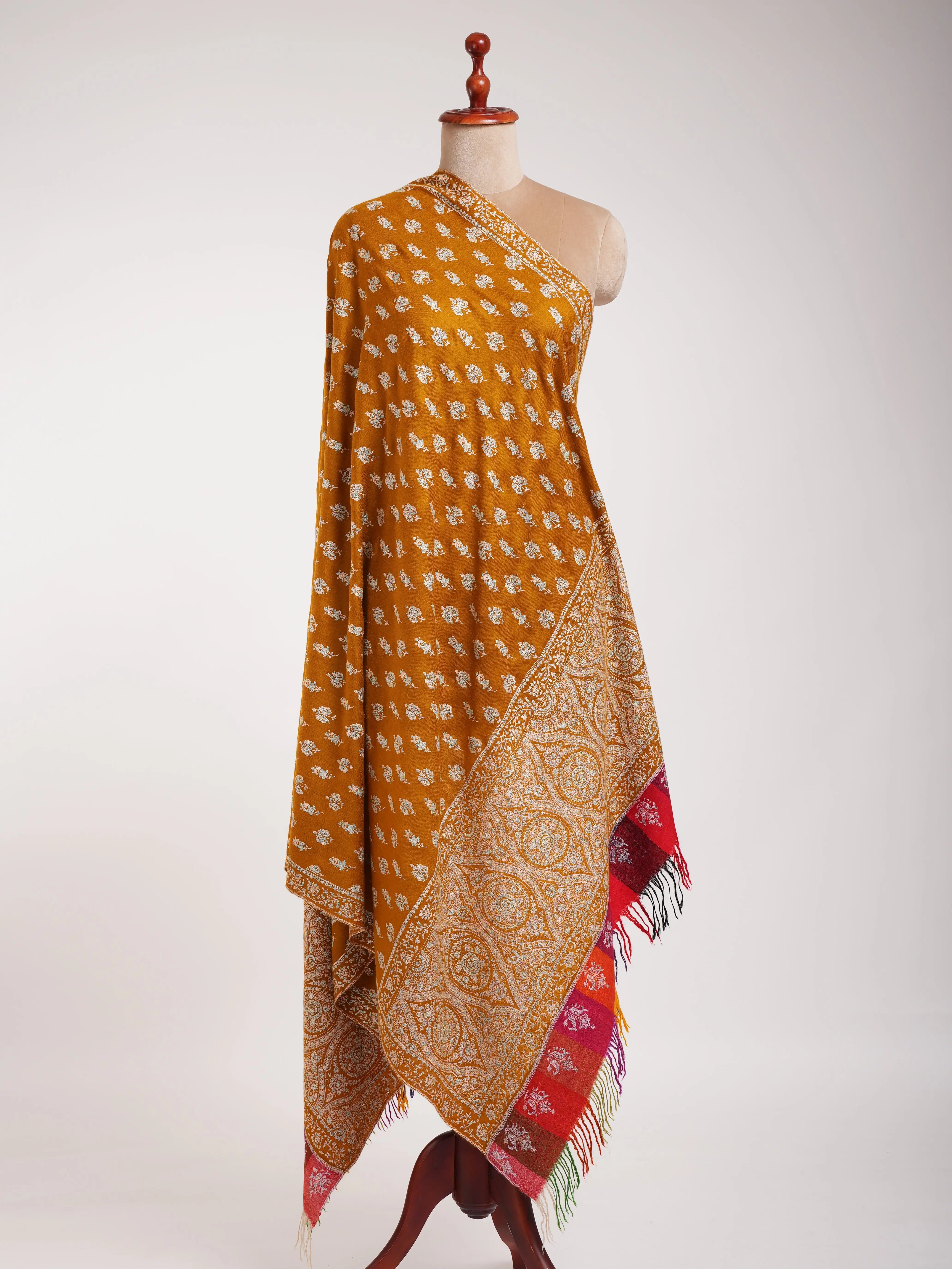 Royal Mustard Handmade Indian Pashmina Embroidered Shawl Shahkaar