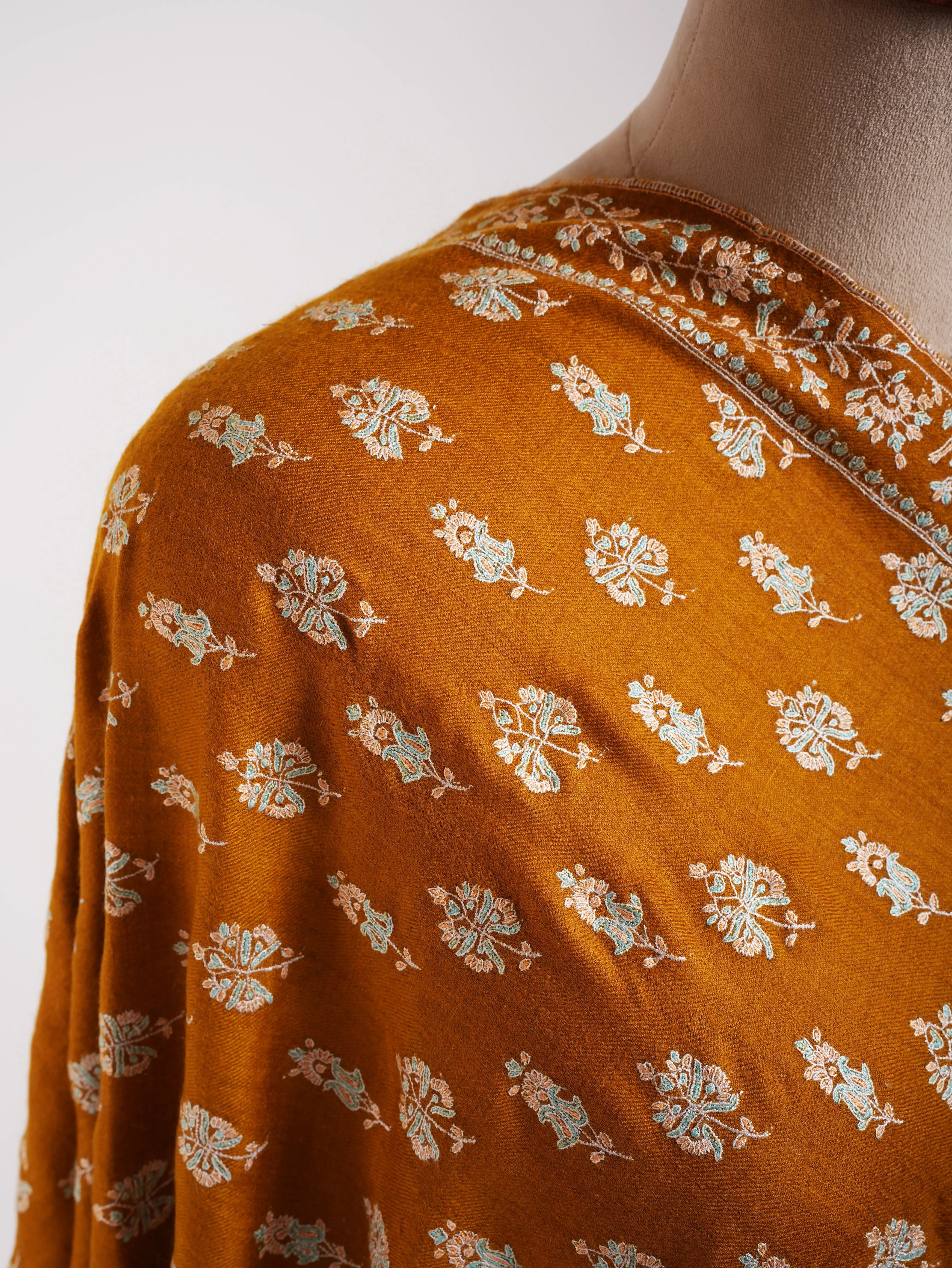 Royal Mustard Handmade Indian Pashmina Embroidered Shawl Shahkaar