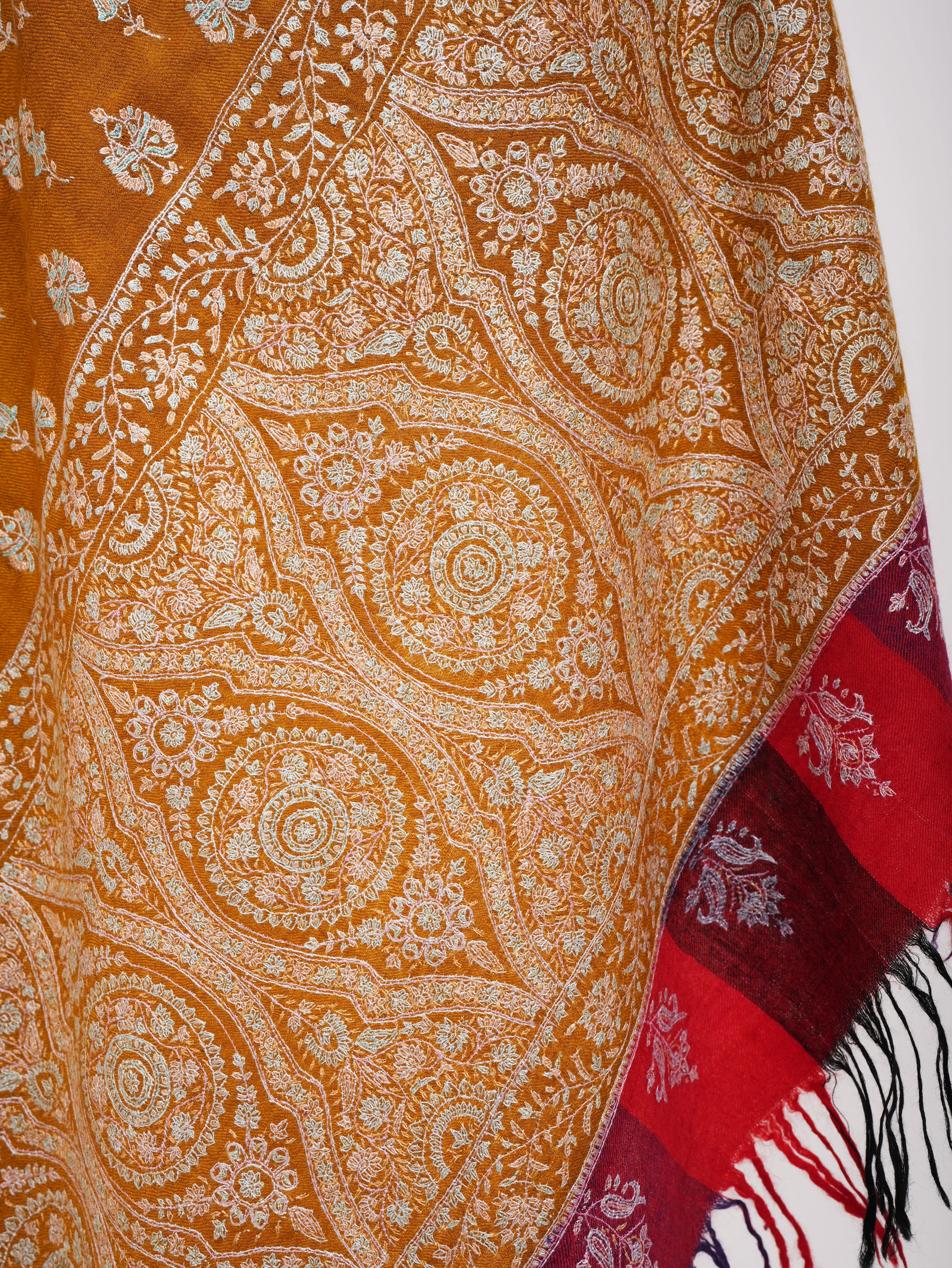 Royal Mustard Handmade Indian Pashmina Embroidered Shawl Shahkaar