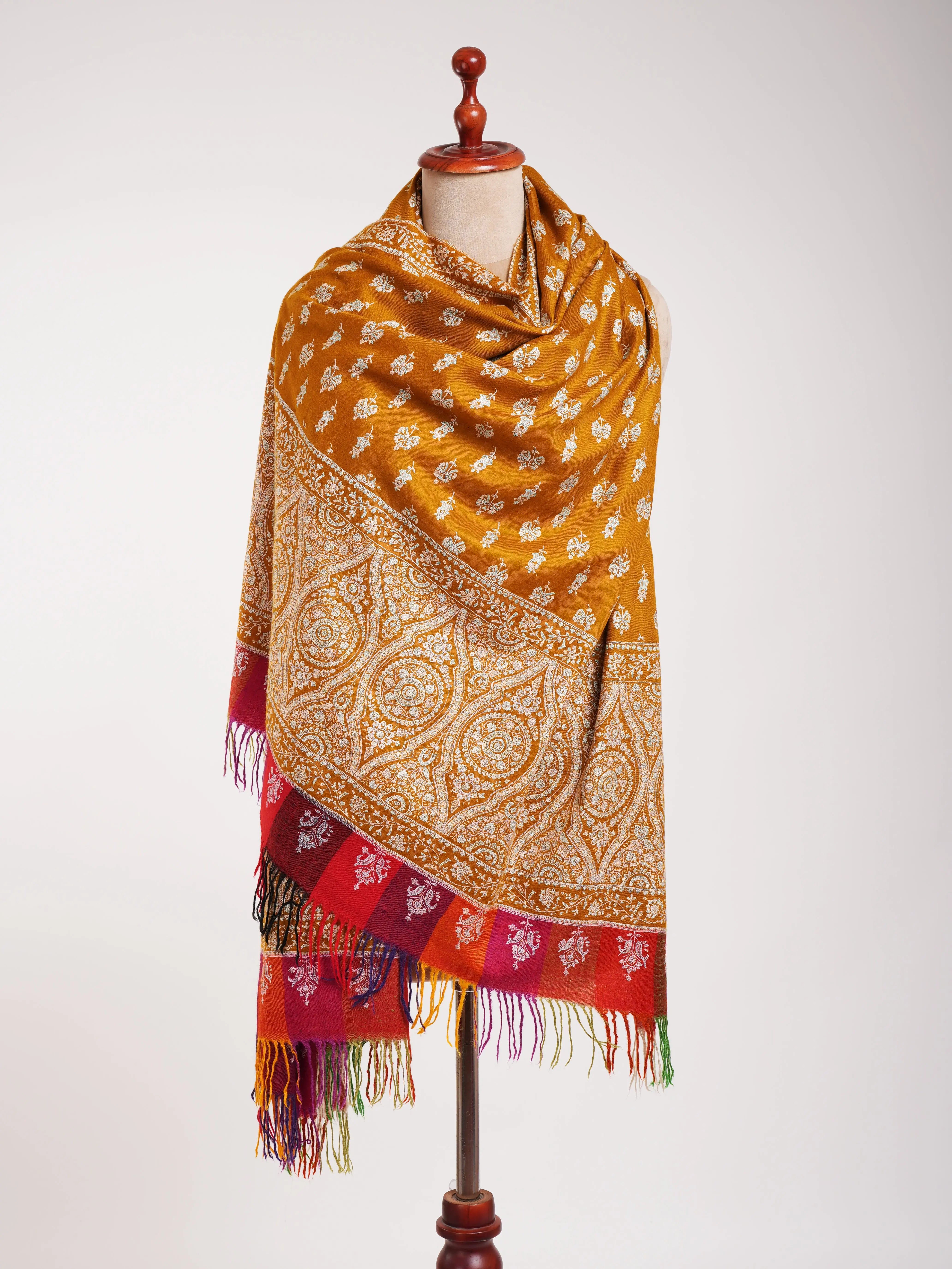 Royal Mustard Handmade Indian Pashmina Embroidered Shawl Shahkaar