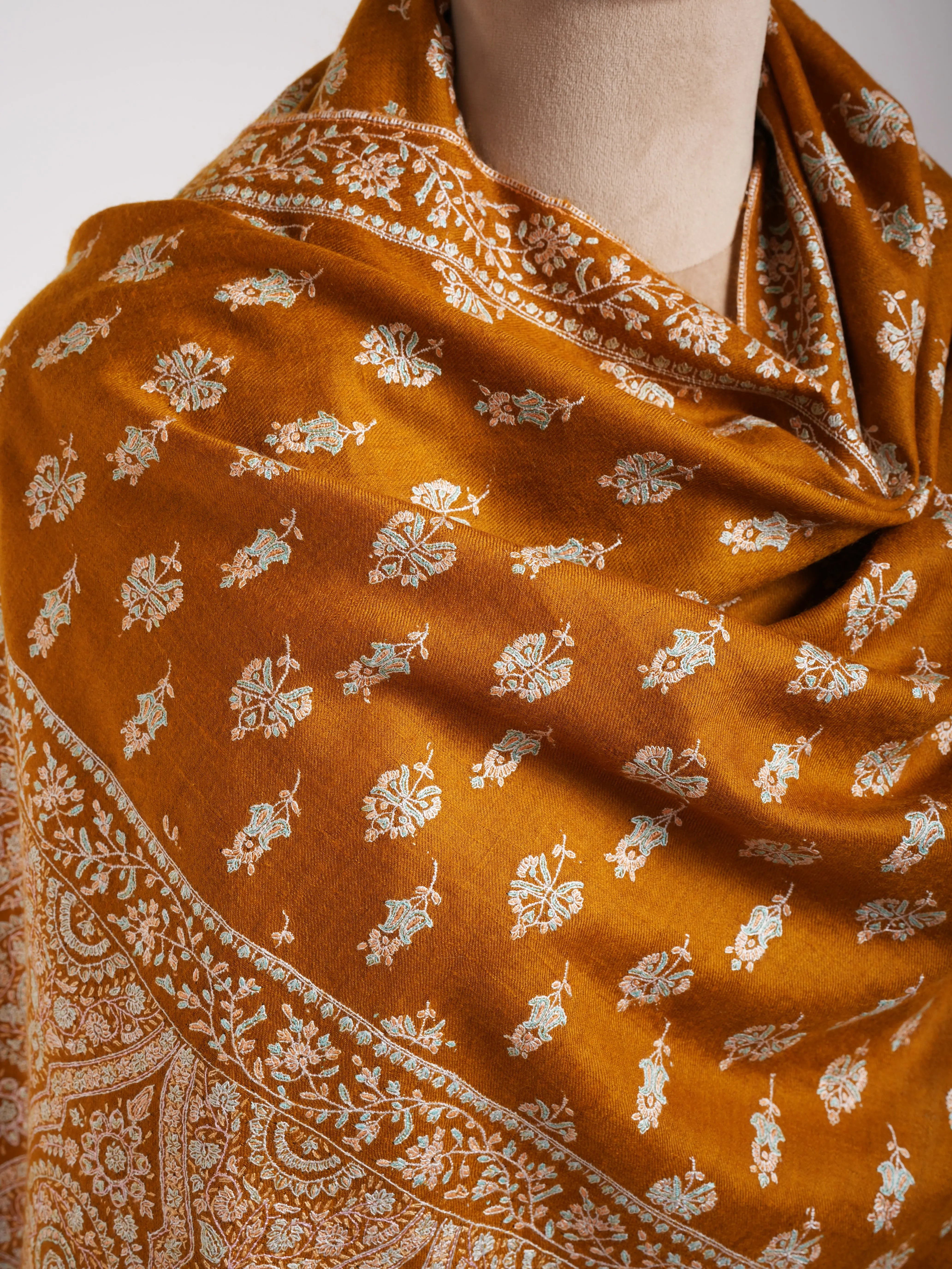 Royal Mustard Handmade Indian Pashmina Embroidered Shawl Shahkaar
