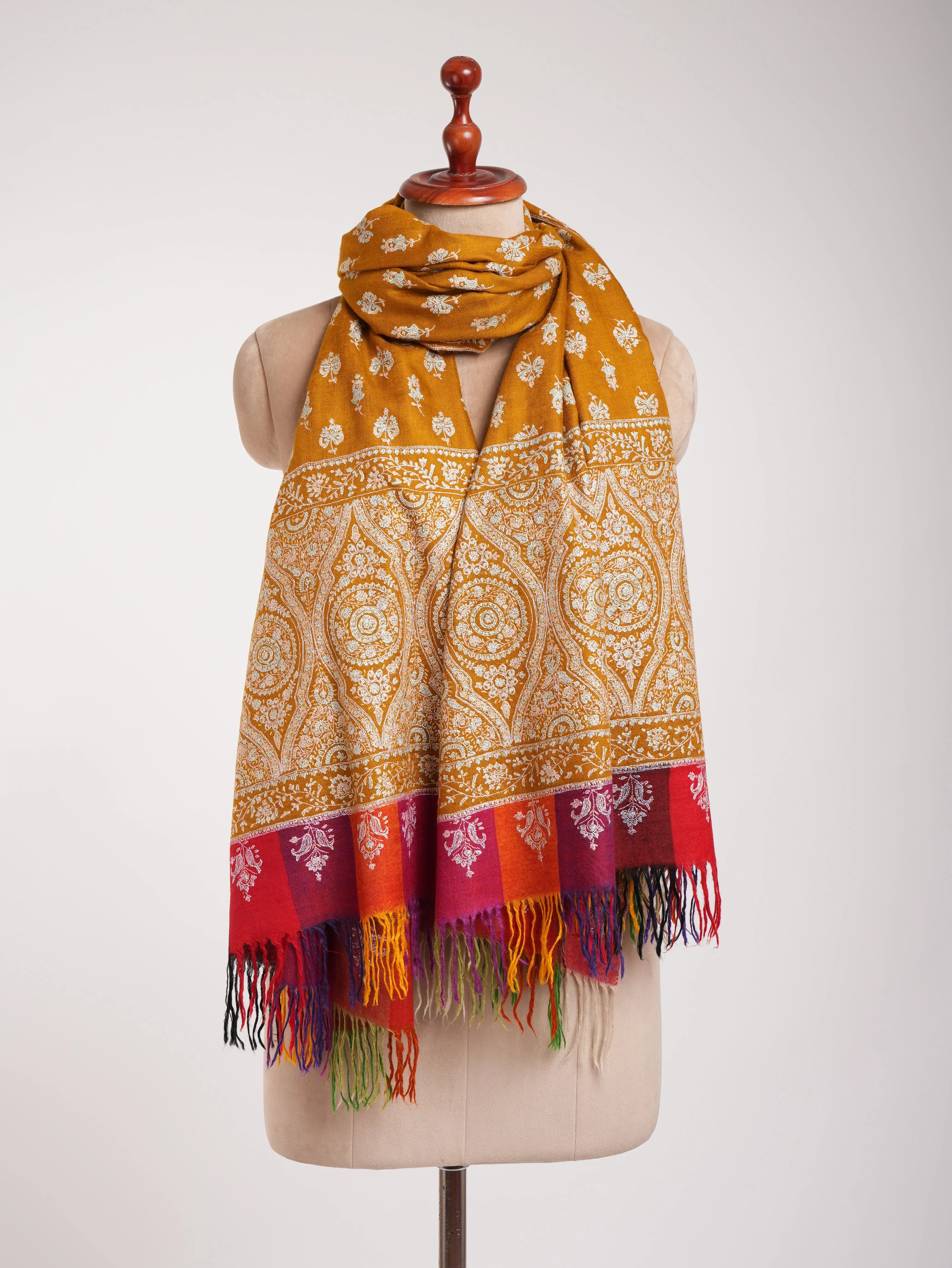 Royal Mustard Handmade Indian Pashmina Embroidered Shawl Shahkaar