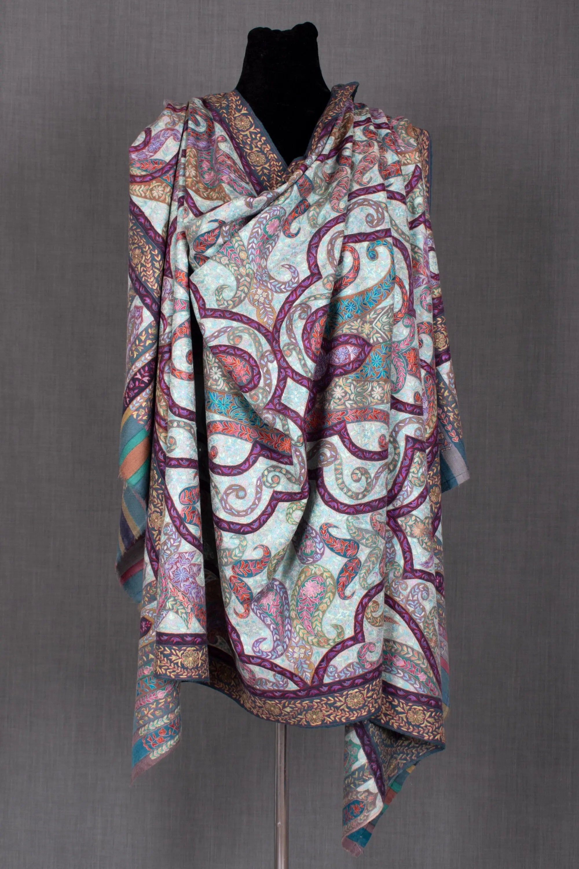 Rumaisa Kalamkari Shawl, Authentic Kashmiri Pashmina Wrap, 40x80" Shahkaar