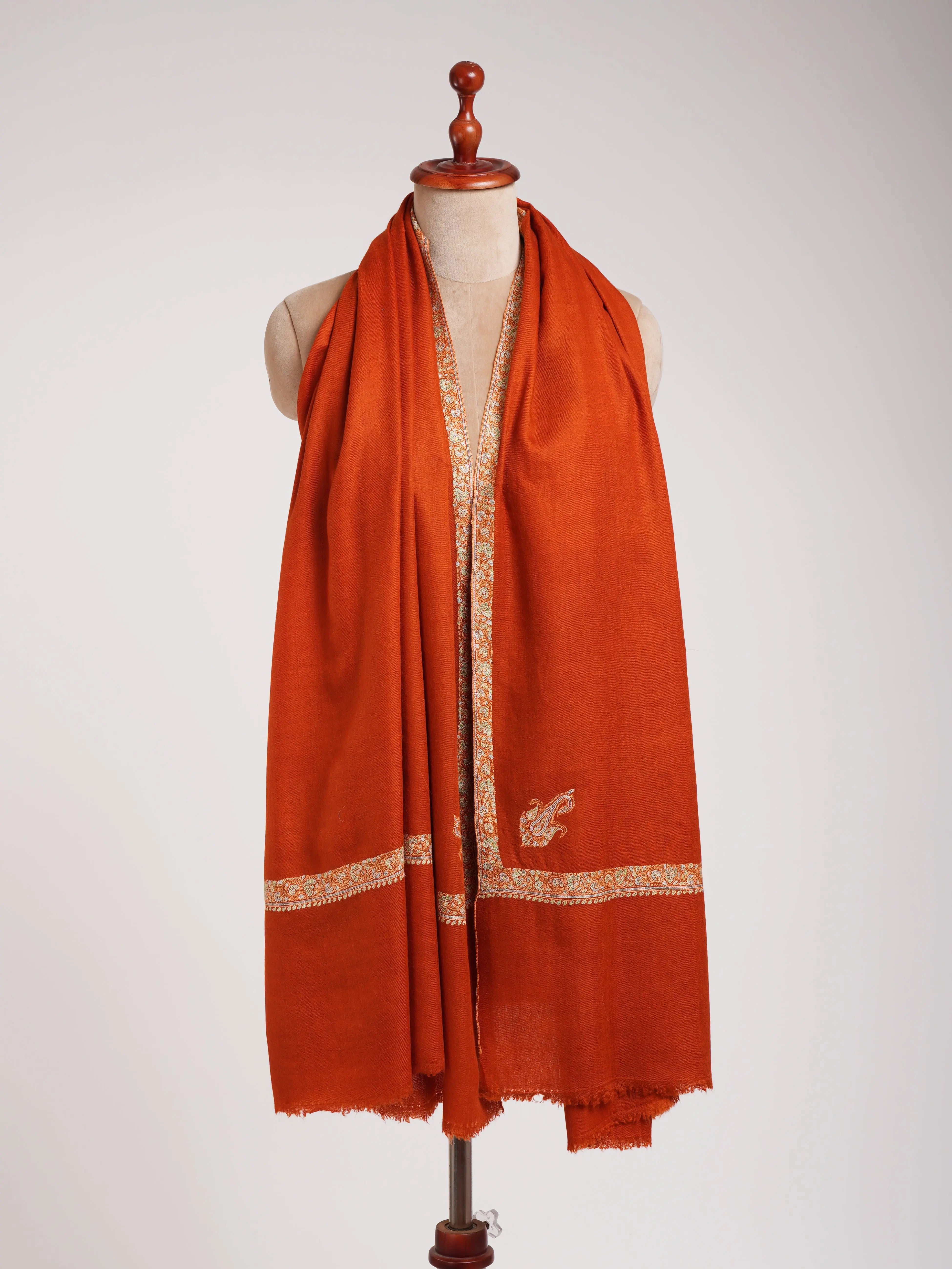 Rust Hashiadar Sozni Embroidered Kashmiri Pashmina Shawl Shahkaar