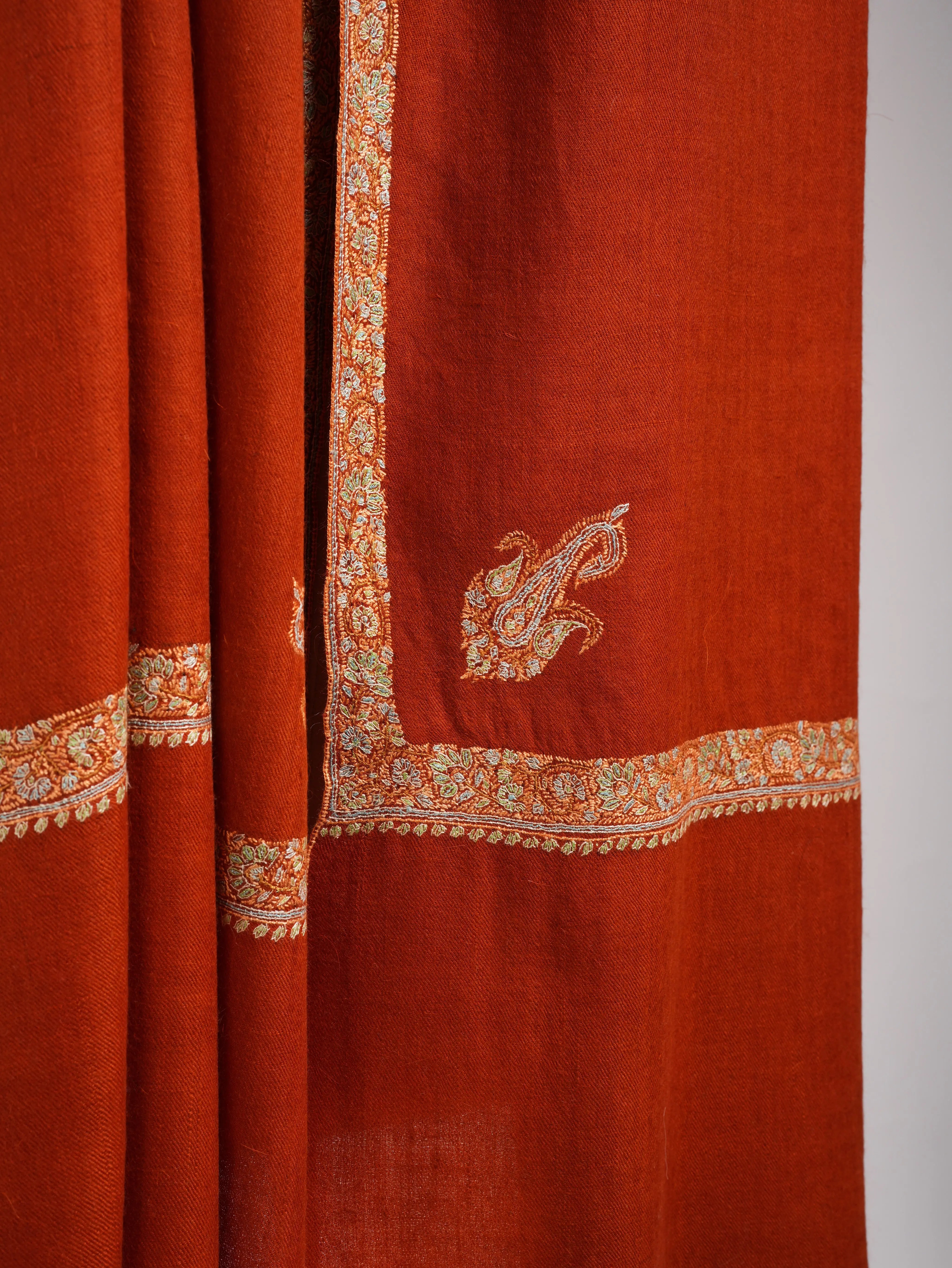 Rust Hashiadar Sozni Embroidered Kashmiri Pashmina Shawl Shahkaar