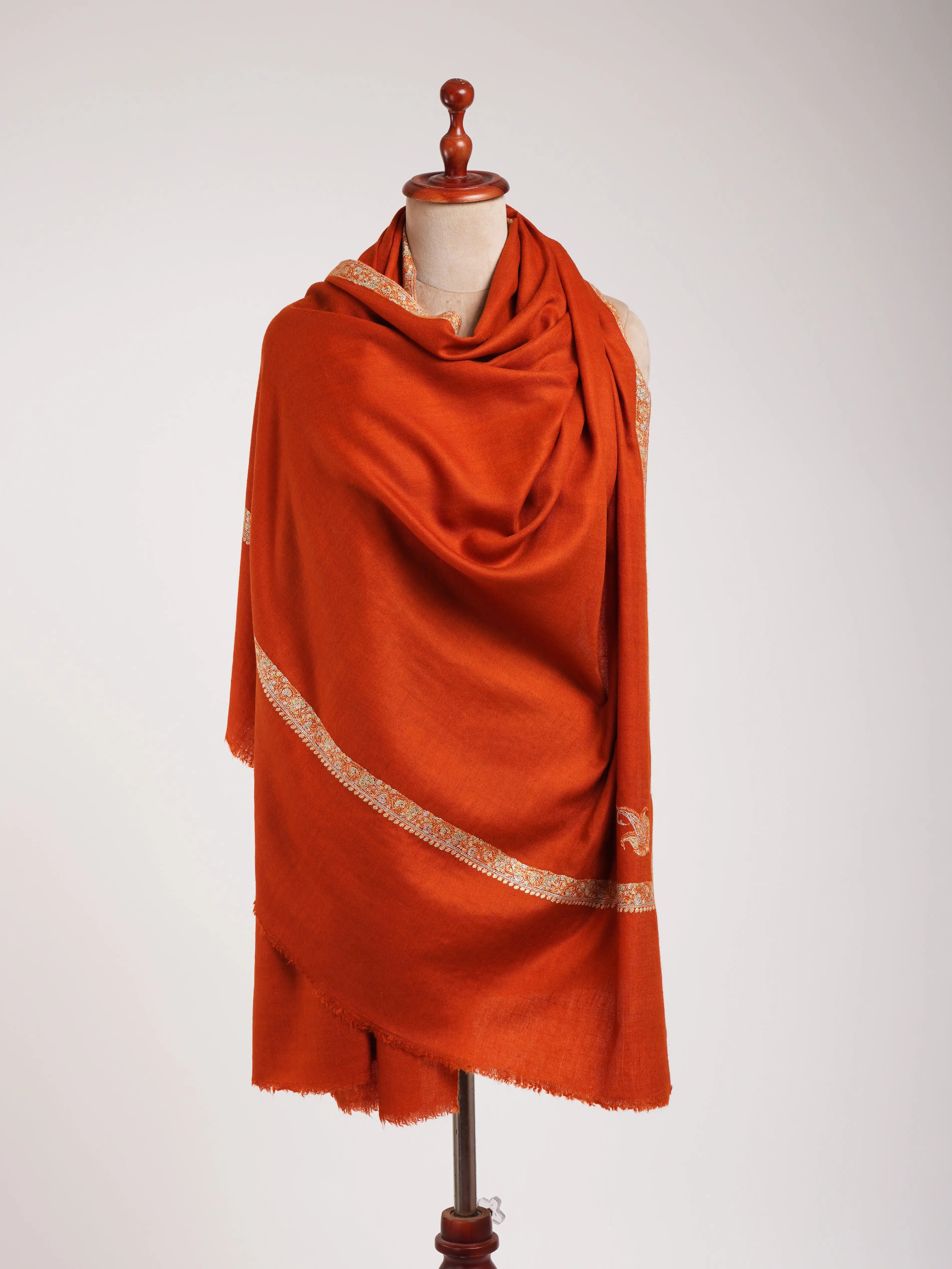 Rust Hashiadar Sozni Embroidered Kashmiri Pashmina Shawl Shahkaar