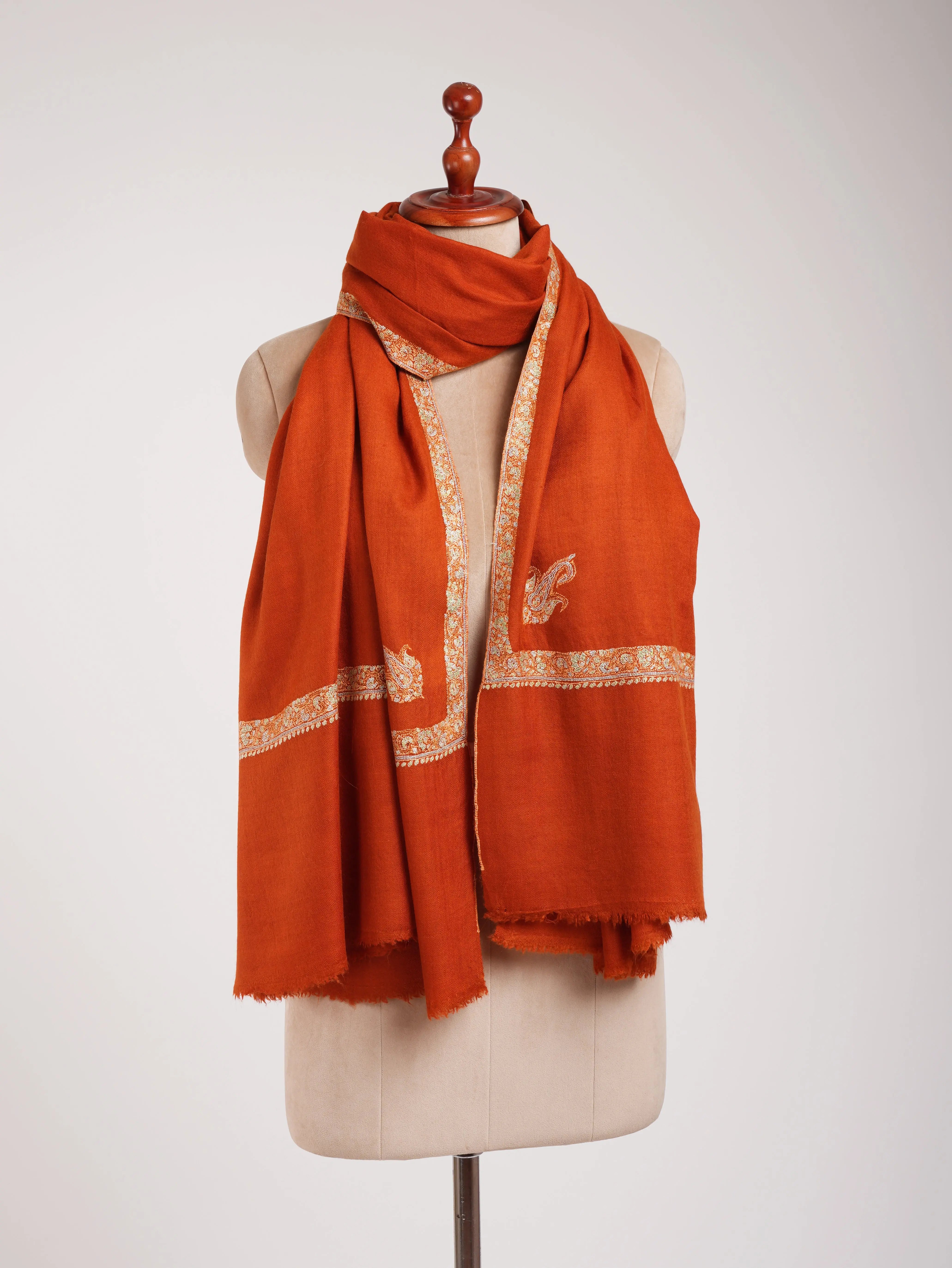 Rust Hashiadar Sozni Embroidered Kashmiri Pashmina Shawl Shahkaar